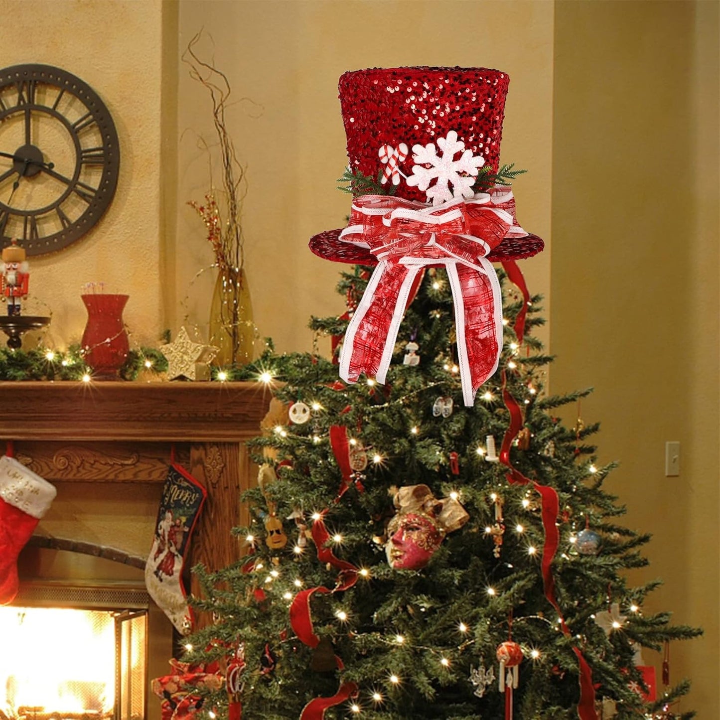 Prsildan Christmas Tree Topper Hat, Large Red Sequins Top Hat with Bow Ribbon and Snowflake, Christmas Decorations for Xmas Tree Snowman, Desktop Ornaments Holiday Home Decor