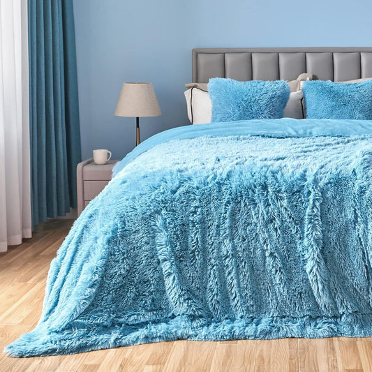 GONAAP Fuzzy Faux Fur Throw Blanket Queen Size Sky Blue Super Soft Cozy Plush Fuzzy Shaggy Blanket for Couch Sofa Bed (Sky Blue, Queen(90"x90"))