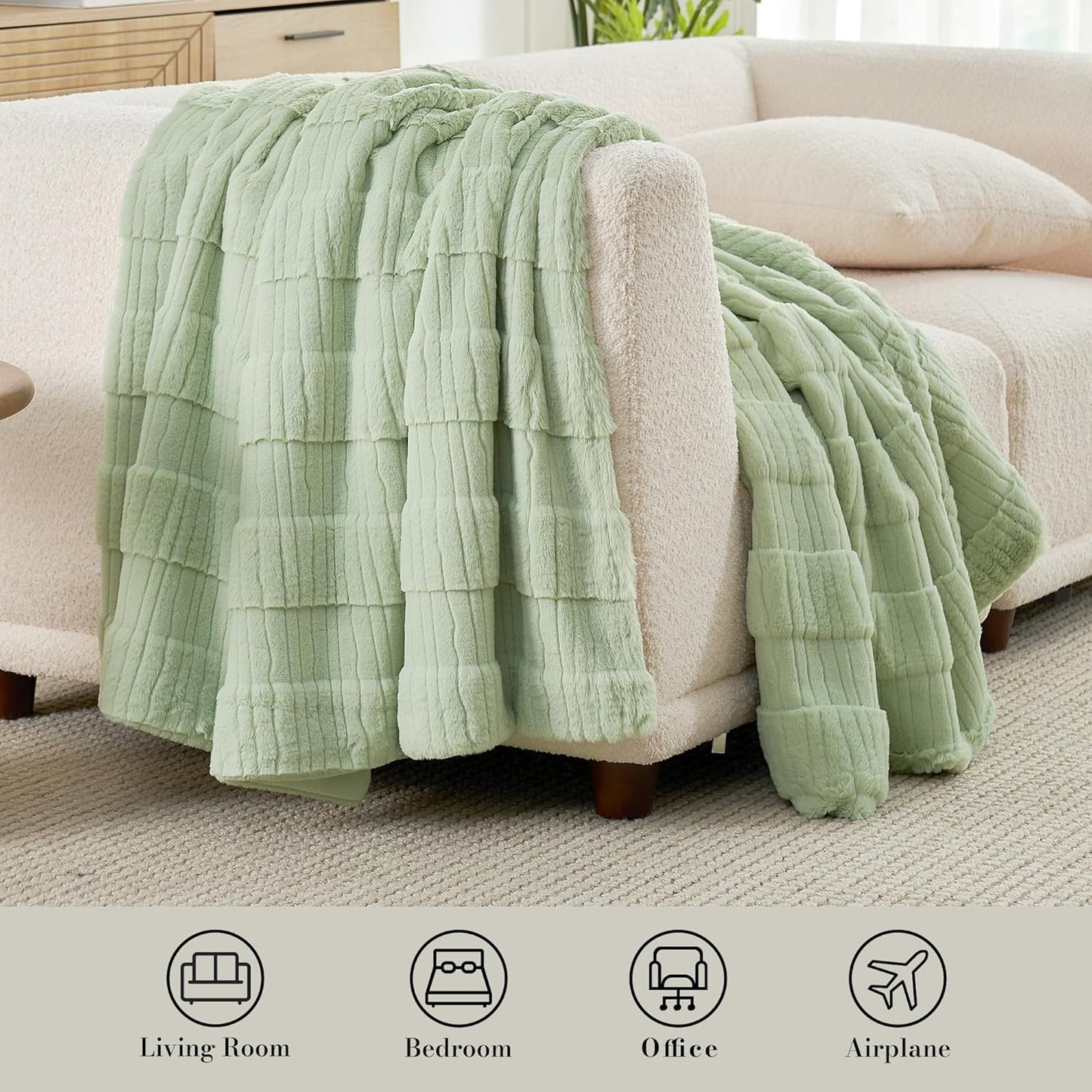 Amélie Home Luxury Striped Faux Fur Throw Blanket for Couch, Embossed Split Fur Cozy Fuzzy Fluffy Luxurious Soft Plush Sofa Chair Bed Gift Blankets for Women Men Wife Friend, 60"x80", Sage Green