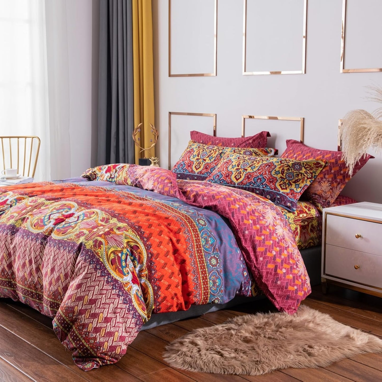 ABREEZE Bohemian Duvet Cover Set Colorful Orange Boho Retro Bedding Set Damask Paisley Cotton Duvet Cover Tribal Reversible Bedding Exotic Style Comforter Cover 3-Piece Queen