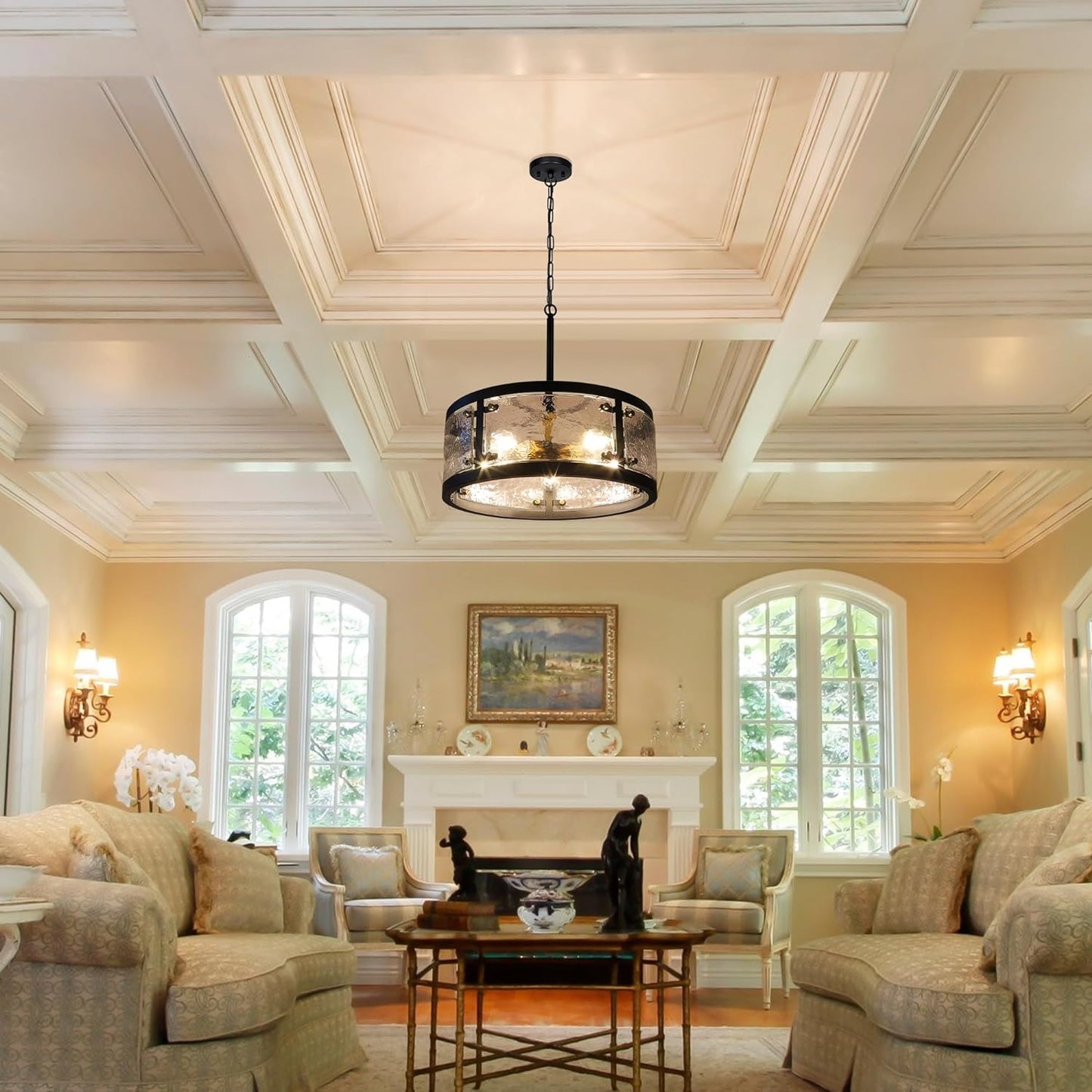 20" Farmhouse Round Black Chandelier, 5-Light Rustic Dining Room Light Fixtures Over Table, Industrial Glass Chandeliers for Dining Kitchen Living Room, Clear Waterglass Drum Shade