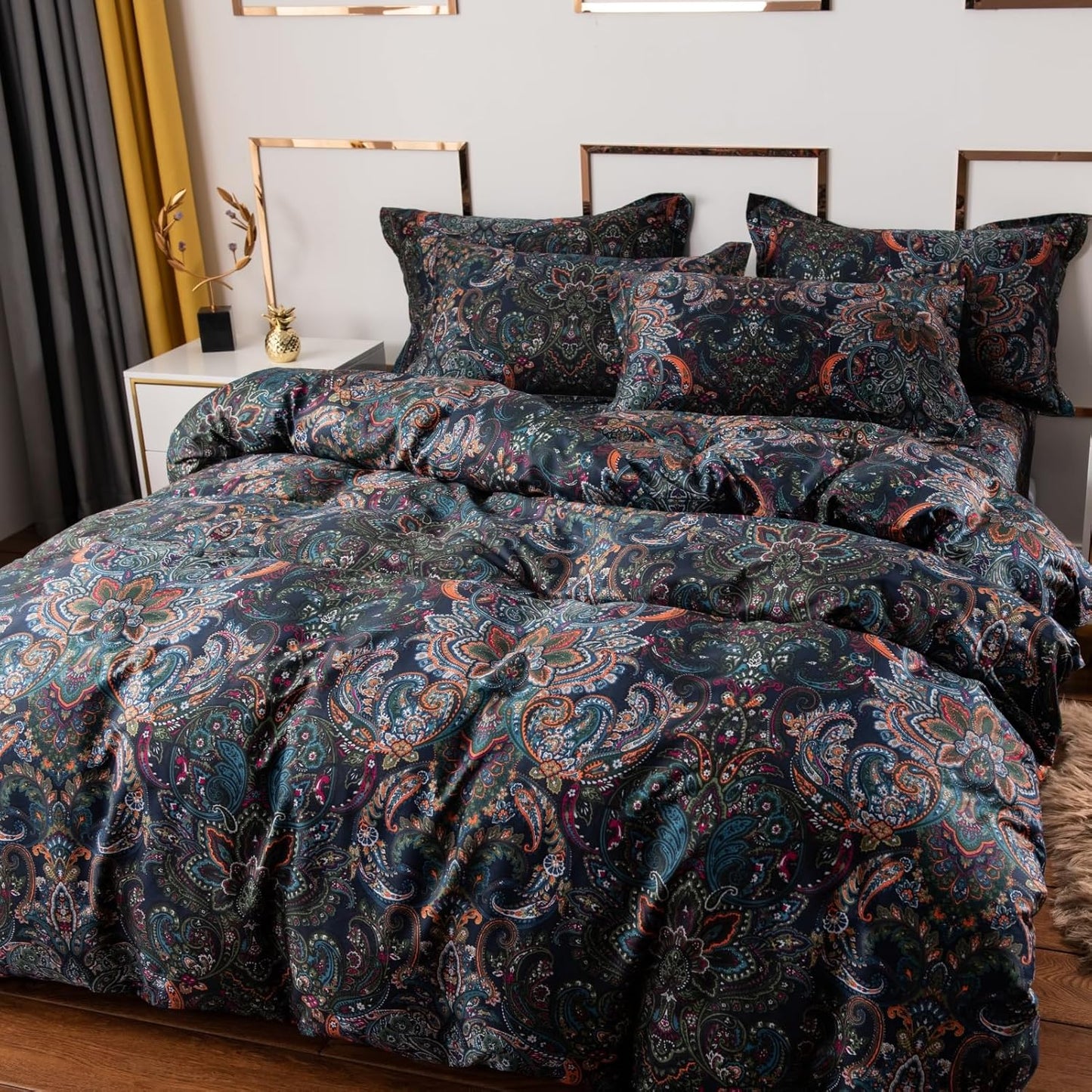 ABREEZE Luxury Vintage Black Duvet Cover Sets Damask Paisley Bedding Set Retro 100% Brushed Cotton Zipper Closure Bedding Collection Cal.King