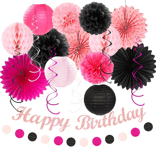 Hot-Pink Black Girls-Women Birthday Party-Decorations - 21pcs Baby Happy Banner, Paper Streamers Lanterns,Tissue Pom Poms Fan,Backdrop Decor Huglony