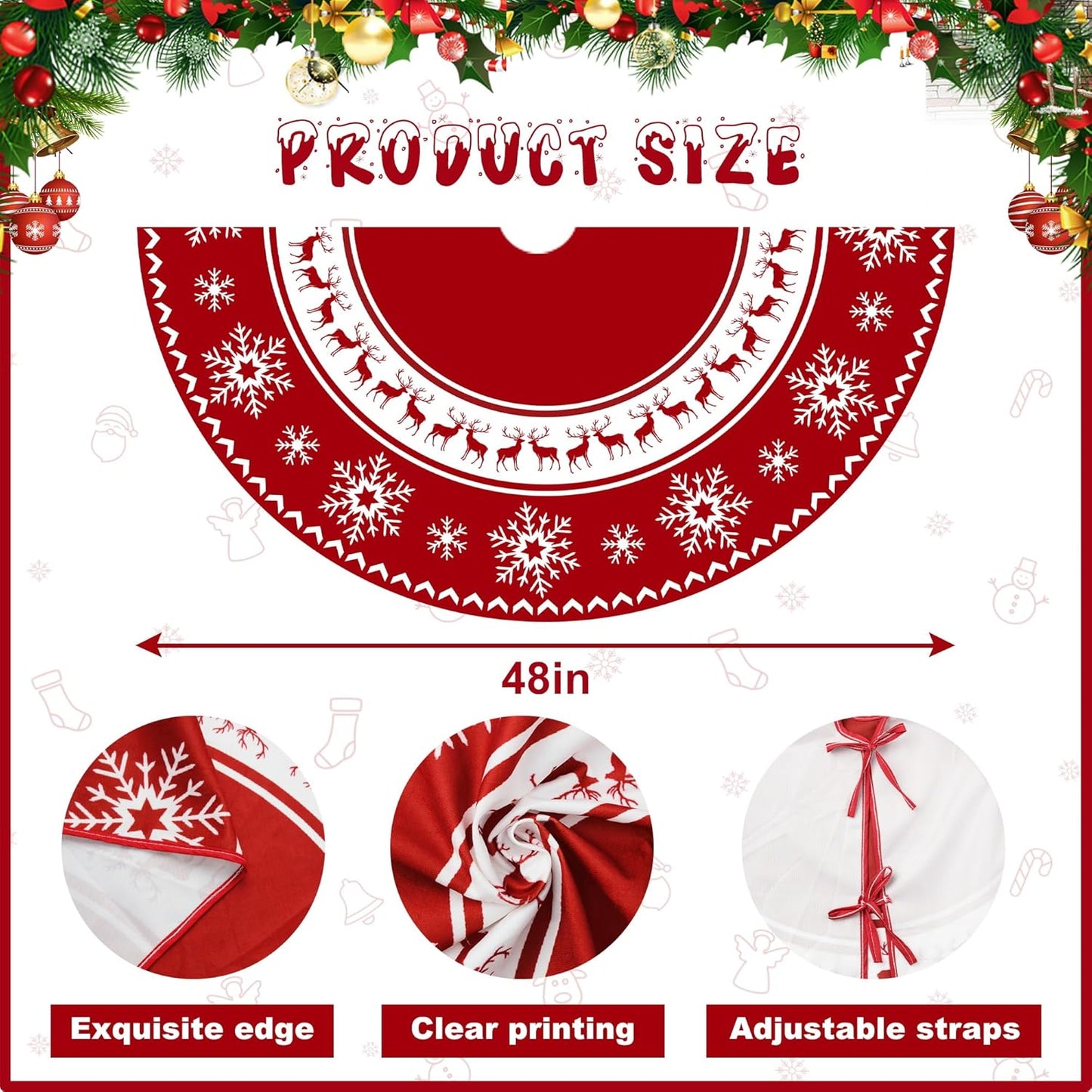 Christmas Tree Skirt 48 Inches Red Xmas Soft Cover Mat Decor Retro Xmas Tree Skirt for New Year Holiday Ornaments Indoor Outdoor Decorations (Snowflake Reindeer)