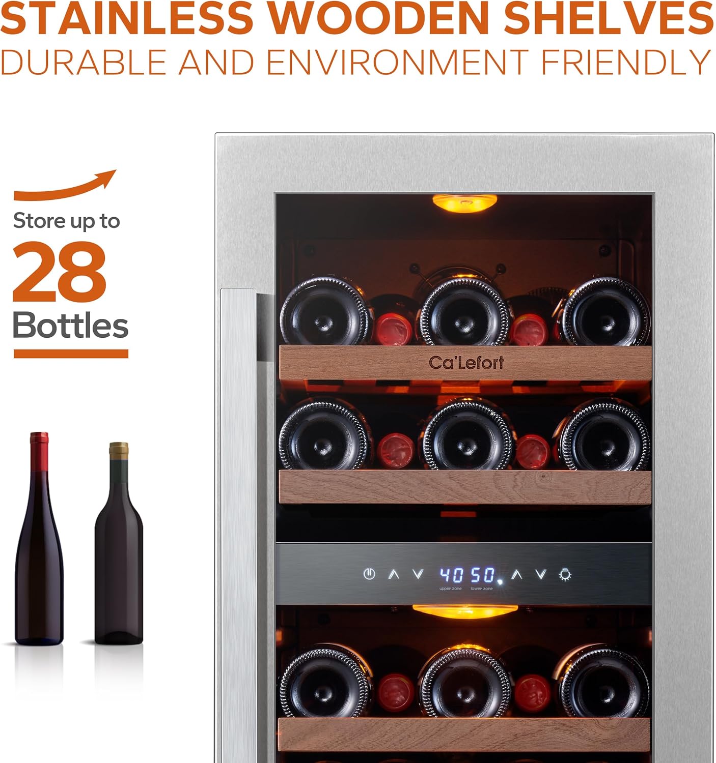 Ca'Lefort 15 Inch Wine Fridge, 28 Bottle Wine Cooler Refrigerator, 40-65°F Wine Refrigerator Glass Door, 3 LED Dual Zone Wine Fridge, Built-in or Freestanding Fridge for Home/Bar/Kitchen (3.0 cu.ft)