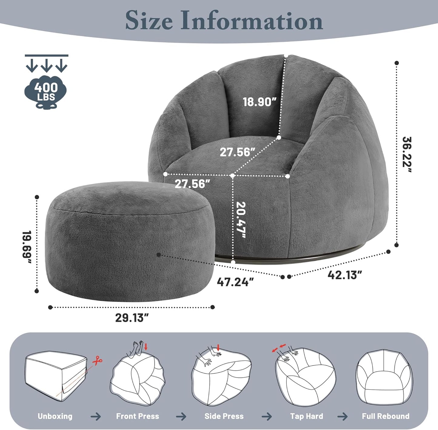 Giant Bean Bag Swivel Chair for Adults - Comfy Plush Round Shell Soft Accent Chaise Lounge Indoor Reading Chair, Oversized Cozy Floor Sofa for Living Room, Bedroom & Game Rooms, Dorm, Gray