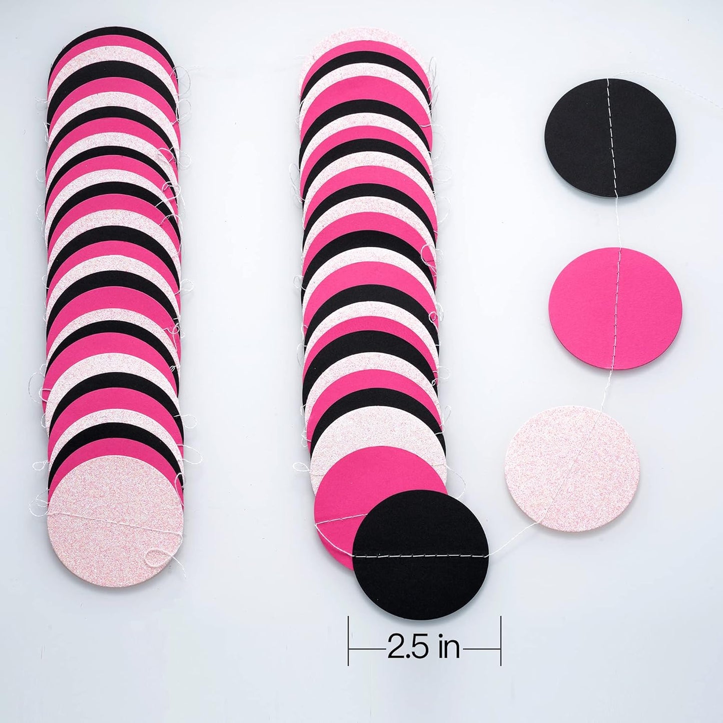 WEVEN Hot Pink Black Iridescent Glitter Paper Garland Circle Dot Streamers Party Banner for Birthday Decorations Supplies, 2.5" in Diameter, 20 Feet in Total