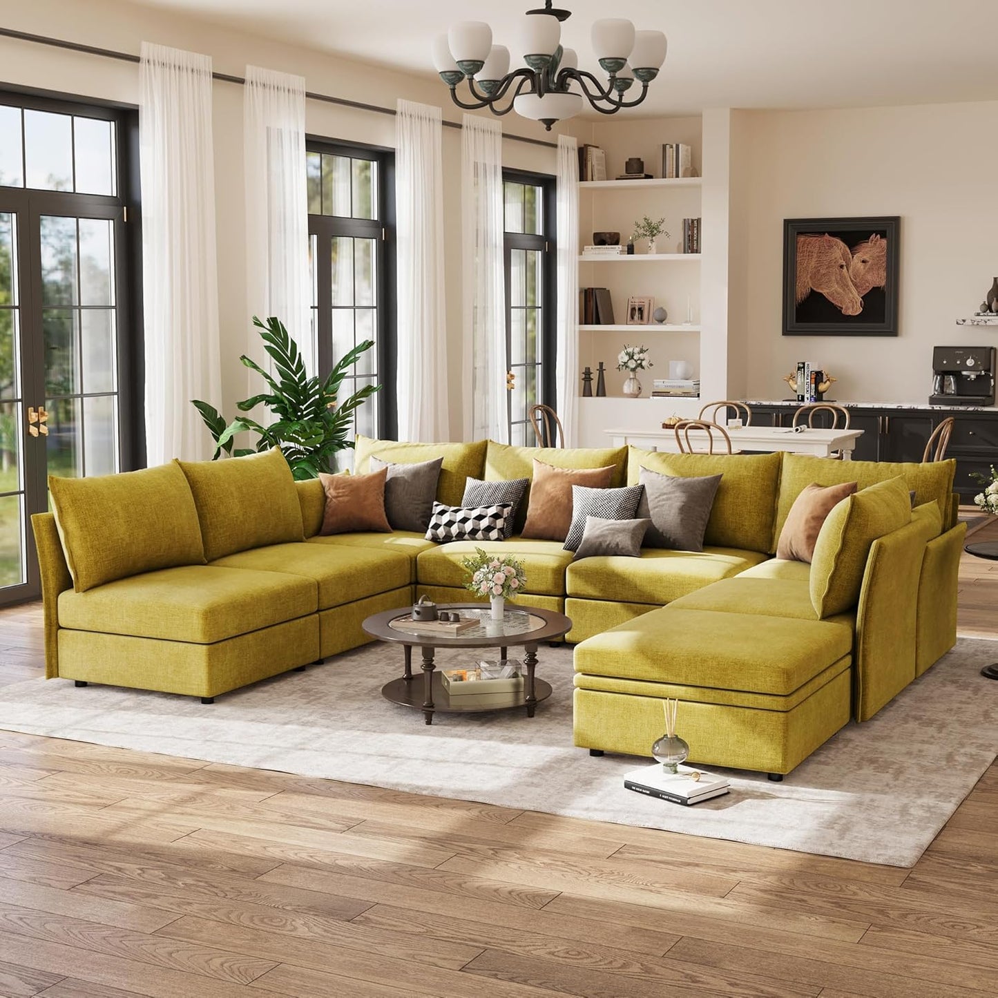 134.6" Modular Sectional Sofa, U Shaped Couch Set for Living Room, Large 8-Seater Comfy Cloud Couches with Movable Storage Ottoman,DIY Combination - Chenille Yellow