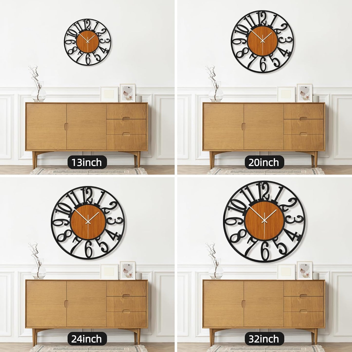 Maxstar Round Wall Clock for Living Room Decor Battery Operated Non Ticking Black Metal Wood Clocks for Home Living Room Garden Office Kitchen Decoration -20 inch