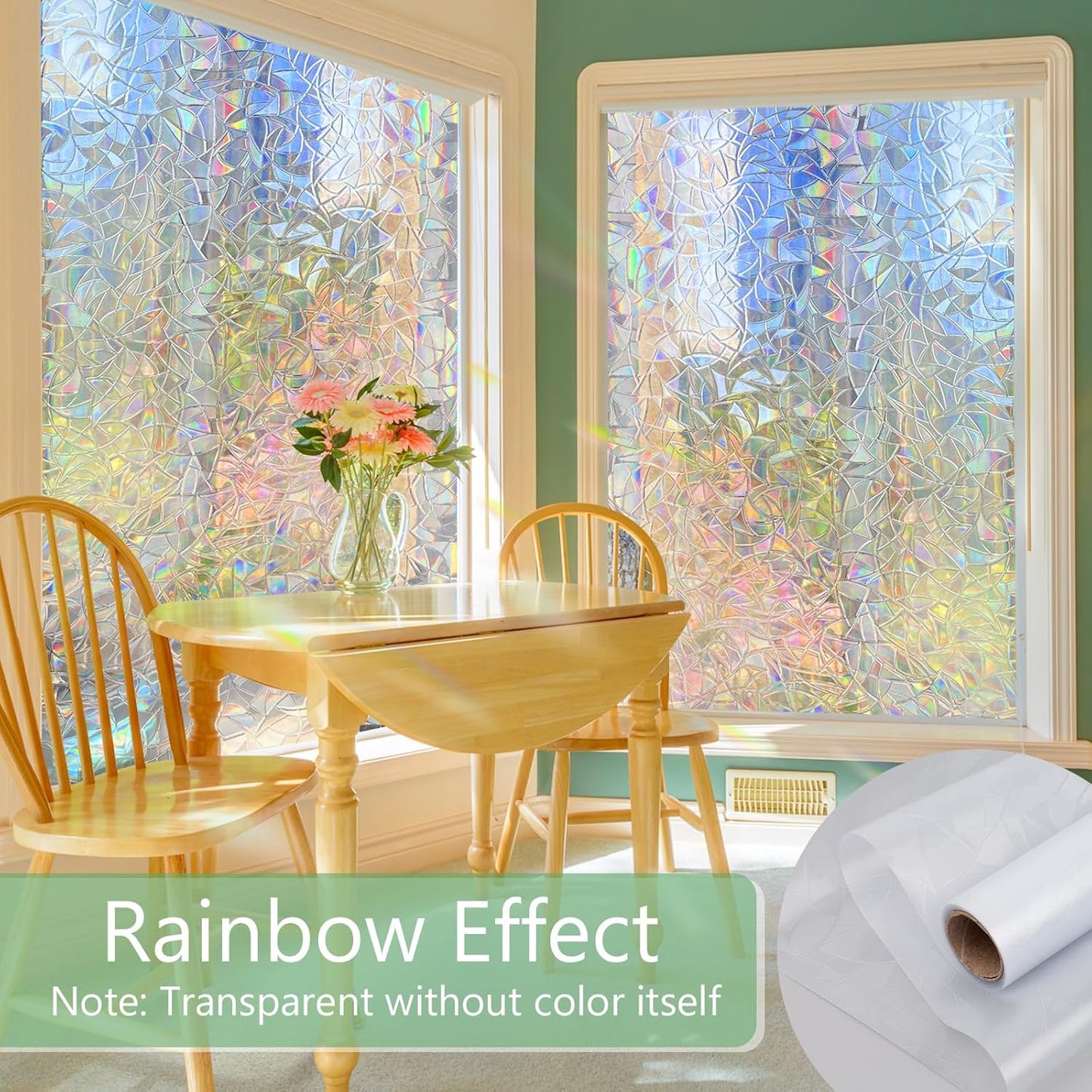 HIDBEA Window Privacy Film Static Clings, Rainbow Window Film, 3D Decals Non-Adhesive Window Vinyl Film for Home Door, 23.6 Inch x 13.1 Feet