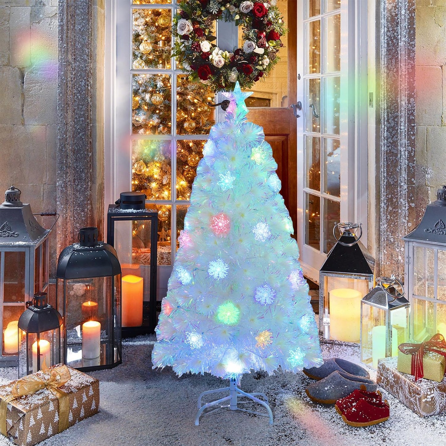 Juegoal 4ft Pre-Lit Artificial Christmas Tree, Lighted Optical Fiber Xmas Trees with Color Changing LED Lights, Snowflakes & Top Star, Party Home Holiday Fake Multicolored Tree with Metal Legs, White