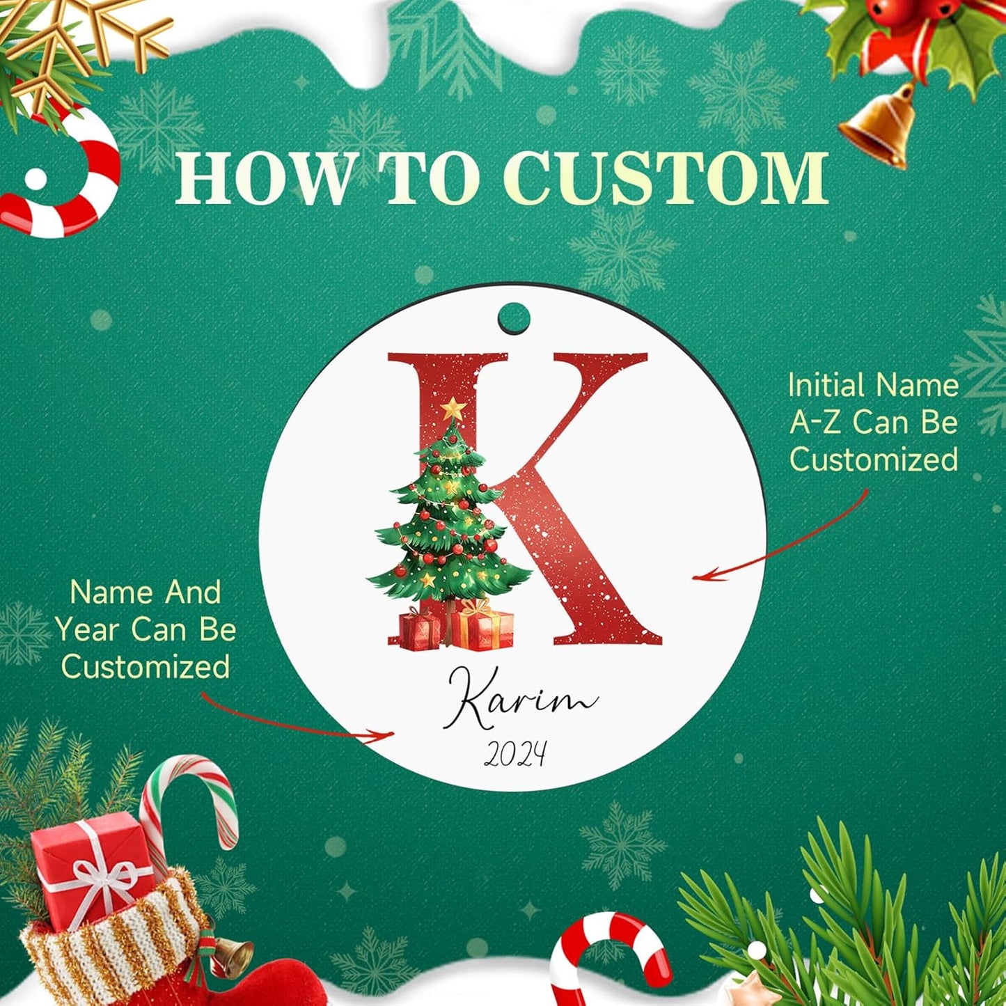 Personalized Christmas Ornaments 2025, Custom Name Initial A-Z Monogram Wood Custom Christmas Ornament for Kids Boys Girls, Customized Letter Name Ornaments for Christmas Tree Decorations