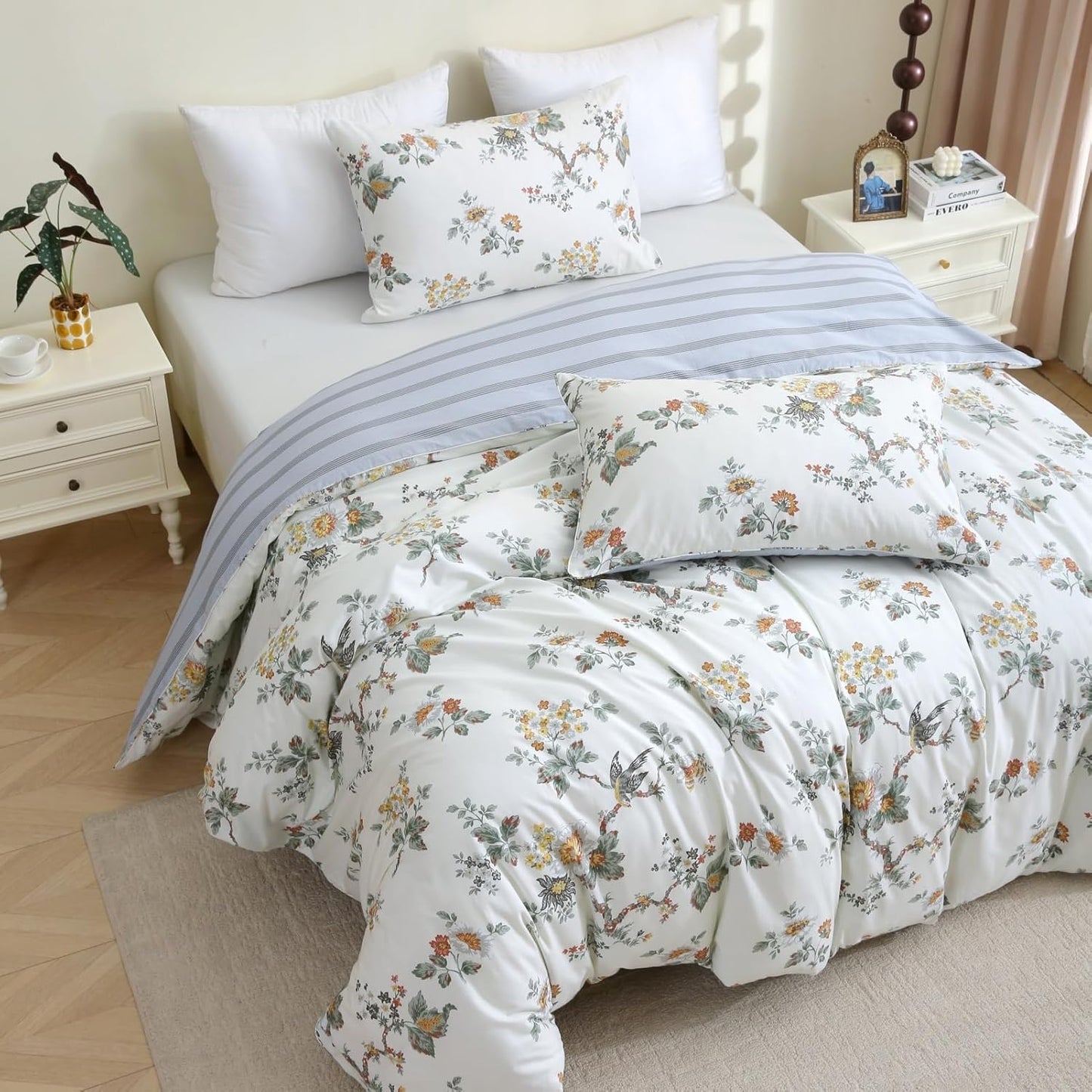 ABREEZE Floral Duvet Cover Queen Size Set Bird Flowers Bedding Set 100% Brushed Cotton Bedding Collection 1 Duvet Cover with 2 Pillowcases White