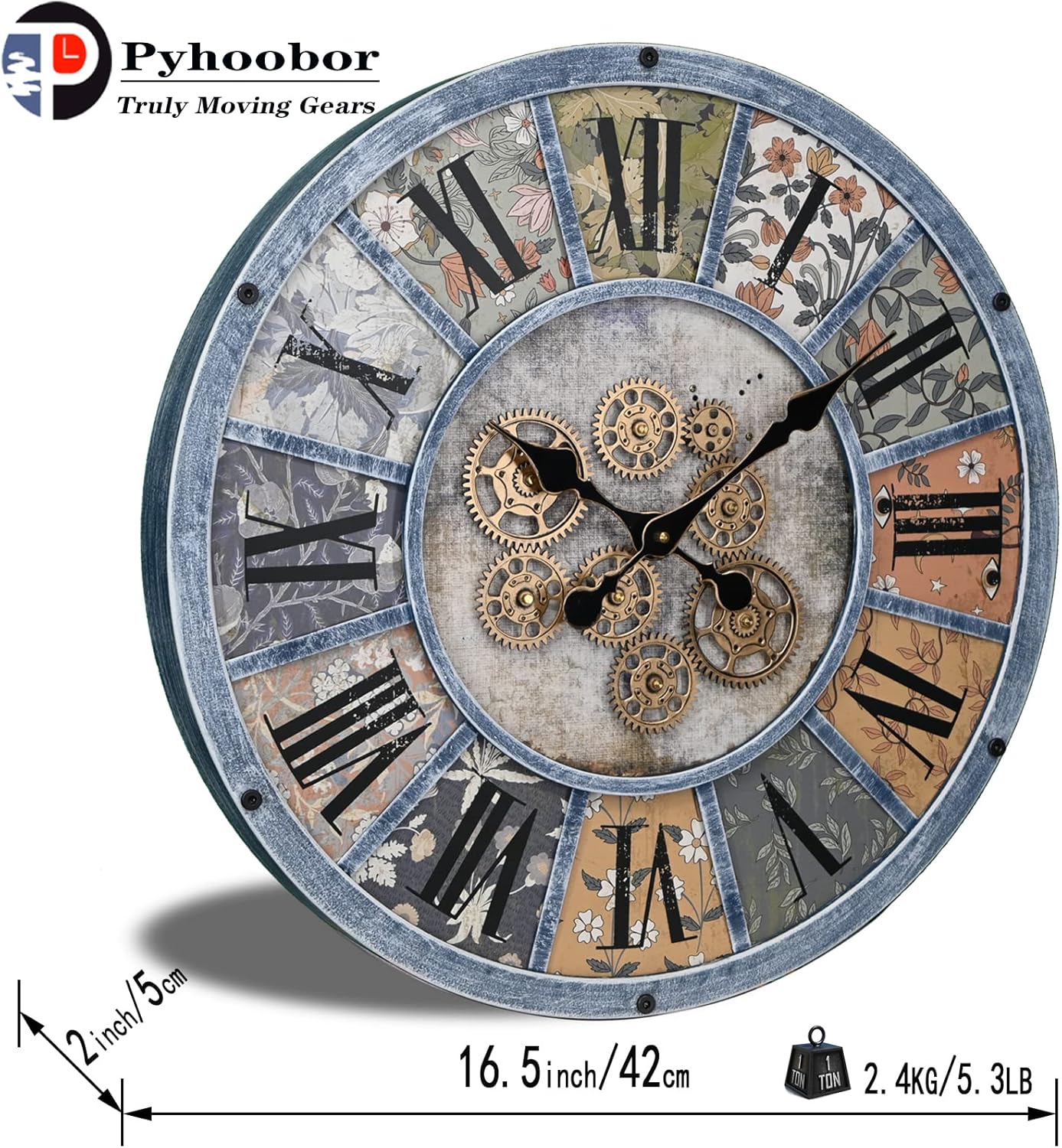 Unique Moving Gear Large Wall Clock - Battery Powered. Retro Industrial Steampunk Country Farmhouse Decor for The Living Room Kitchen Bars cafes and Offices (Blue/Metal/Round)