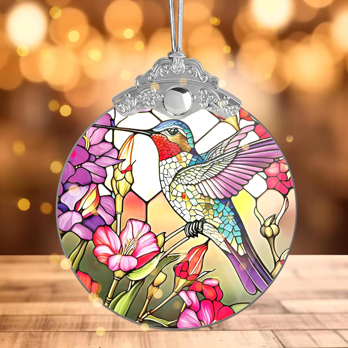 2025 Christmas Ornament, Stained Glass Effections, Christmas Tree 4 Inch Acrylic Ornament Art, White Elephant Gifts Car Interiors Decors, Christmas Decor (Radiant Hummingbird)