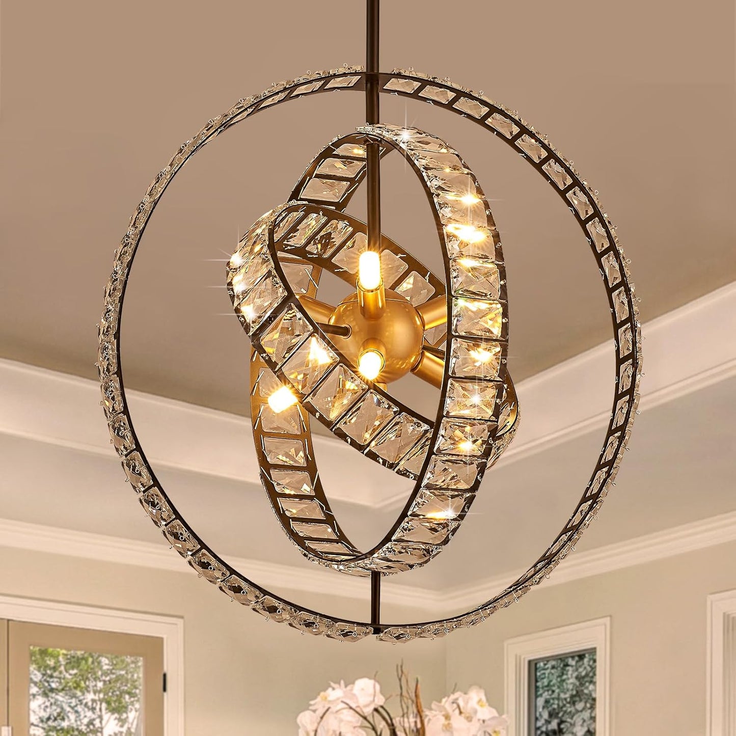 18" Crystal Globe Sputnik Chandelier, 6-Light Black Gold Modern Adjustable Hanging Ceiling Pendant Light Fixture for Entryway Foyer Stairway Bedroom Dining Living Room Hallway