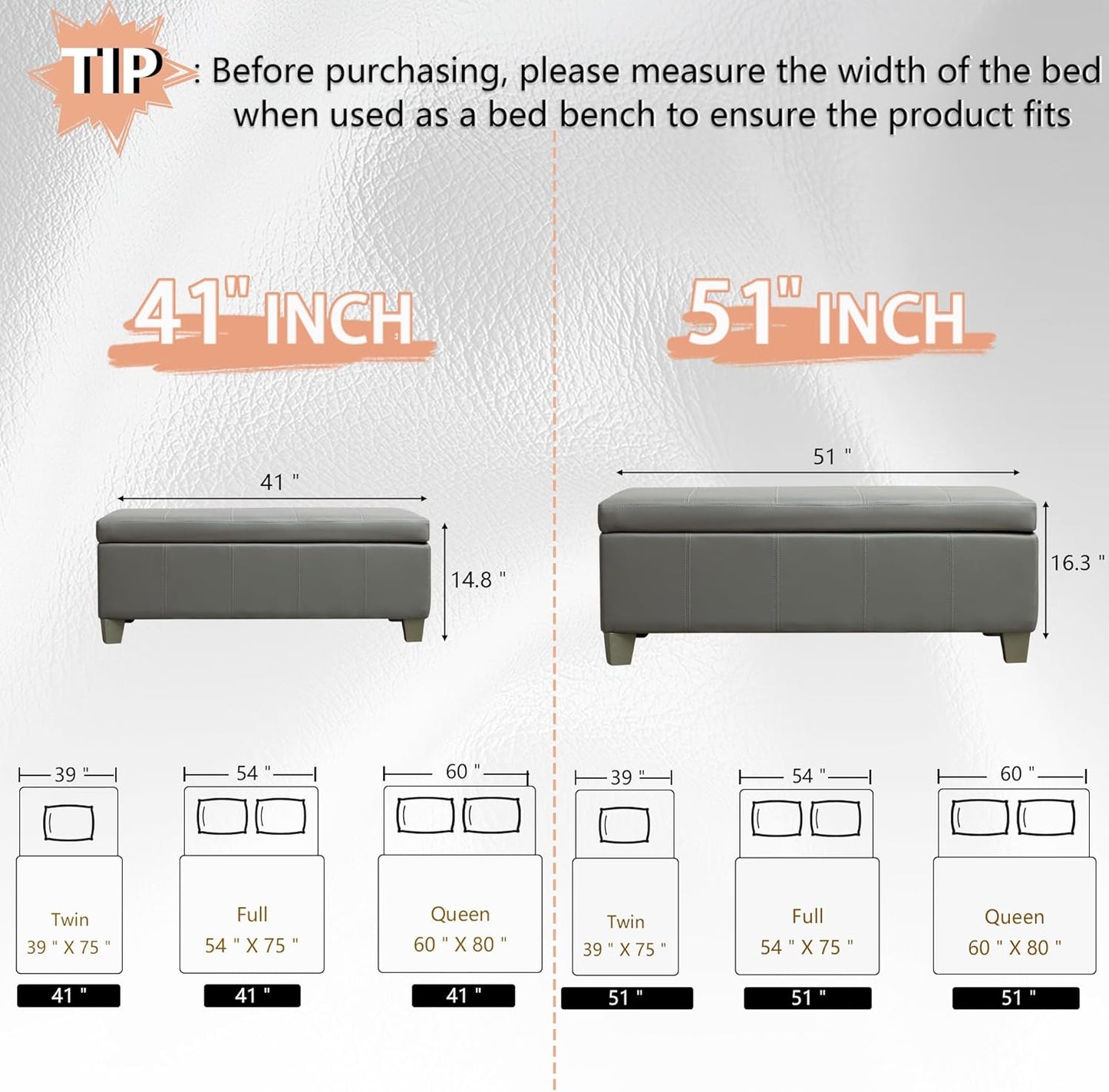 51 Inch Faux Leather Ottoman with Storage, End of Bed Bench with Large Storage, Rectangular Extra Long Bench for Bedroom and Living Room, Light Grey