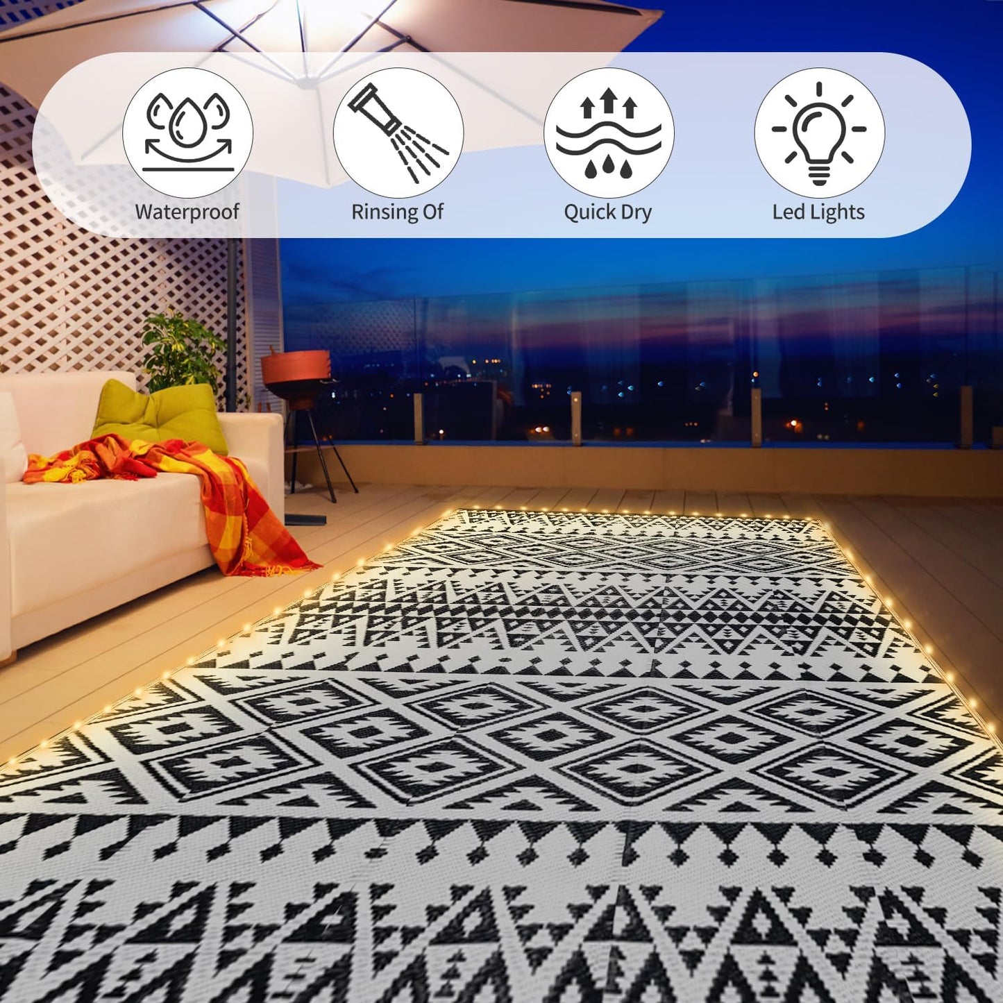6x9ft Waterproof Outdoor Rug with LED Lights, Bohemia Reversible Plastic Straw Mat for Patio RV Camping Picnic Balcony Beach Deck Indoor Outdoor Carpet, Black&White