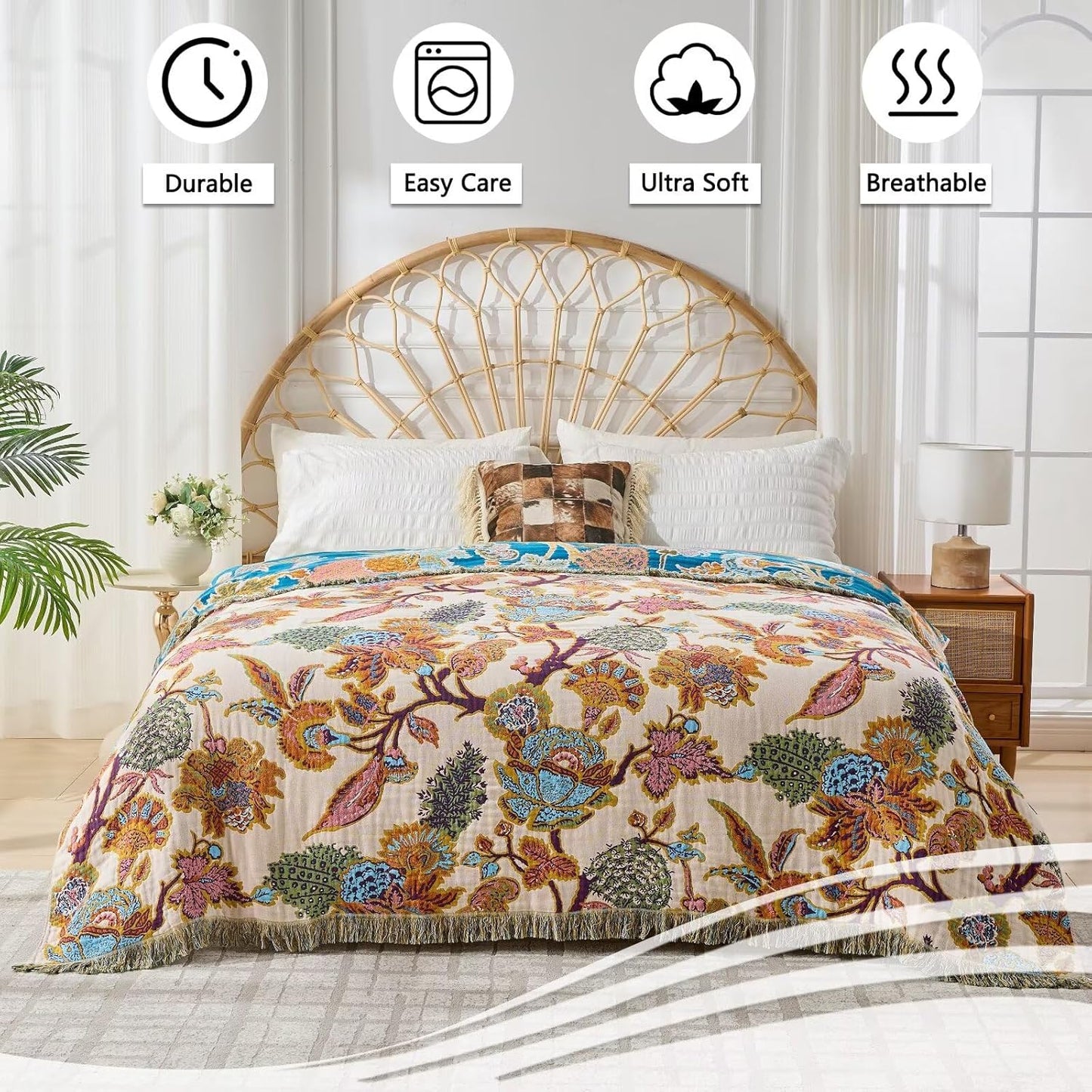 Boho Throw Blanket for Bed, Sofa,Cozy Lightweight Fall Blanket,100% Cotton Southwestern Farmhouse Floral Decor, Reversible Rustic Blanket, Chair, Picnic Throw Blanket,50"x60"