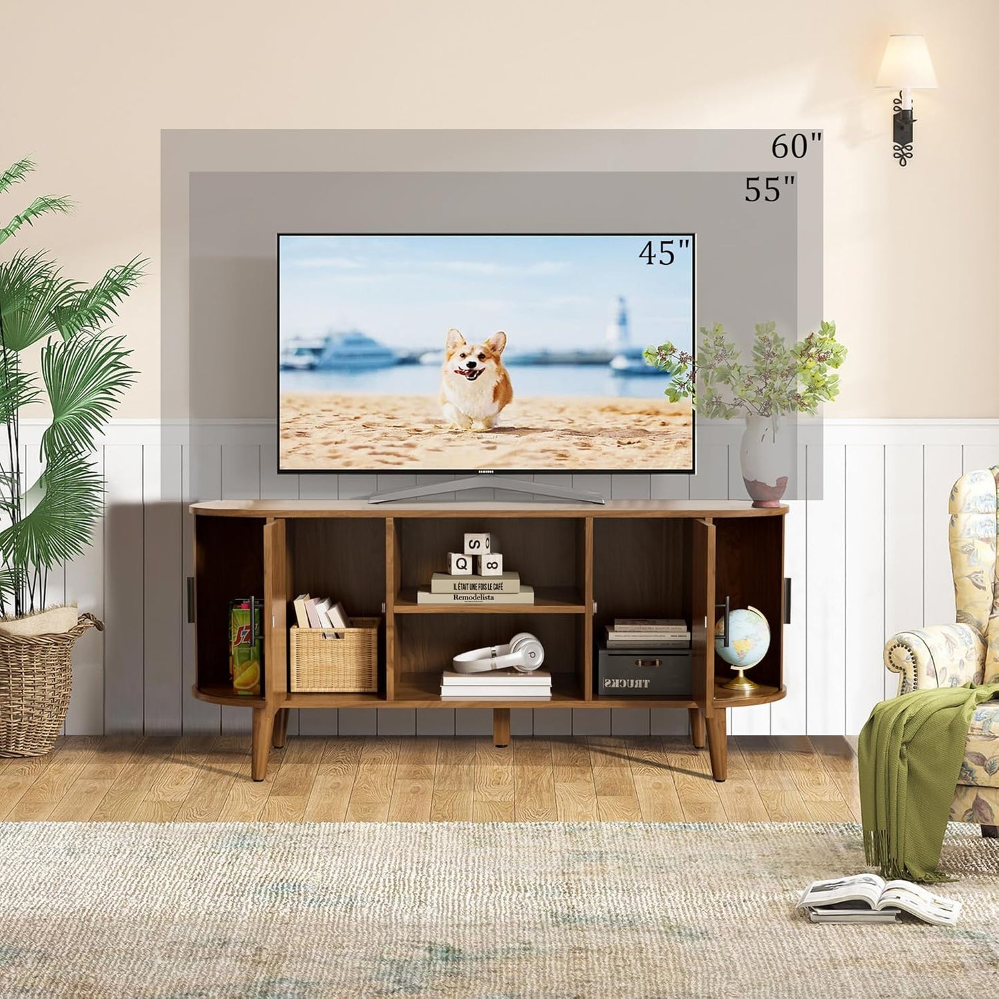 51" Fluted TV Stand, Mid-Century Modern Entertainment Center for Tvs up to 60" with Drawers and Fluted Doors, Curved TV Media Console Table with Sliding Doors for Living Room, Bedroom (51")