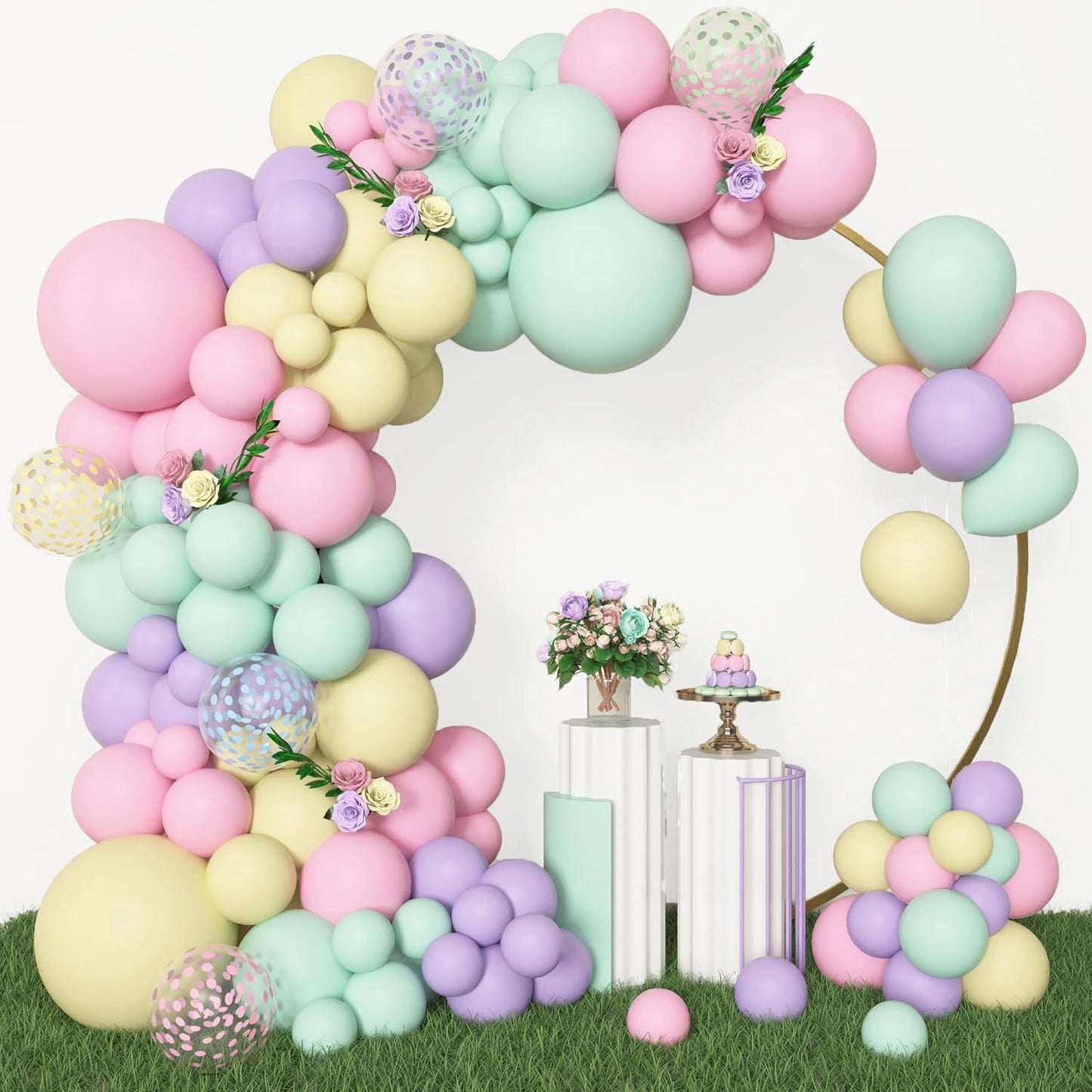 Amandir 153pcs Pastel Balloons Garland Arch Kit, Different Sizes 18 12 10 5inch Pastel Pink Yellow Green Purple Confetti Balloons for Spring Baby Shower Wedding Wildflower Birthday Party Decorations