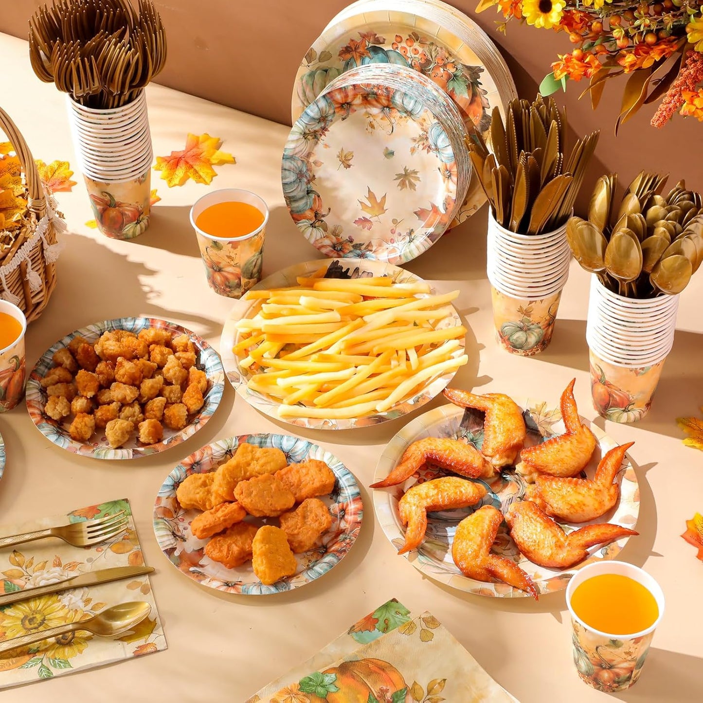 350 Pcs Thanksgiving Fall Party Supplies Maple Leaf Dinnerware Set Disposable Plates Napkins Paper Cups Plastic Cutlery for Autumn Thanksgiving Harvest Party Decor Serves 50(Pumpkin)