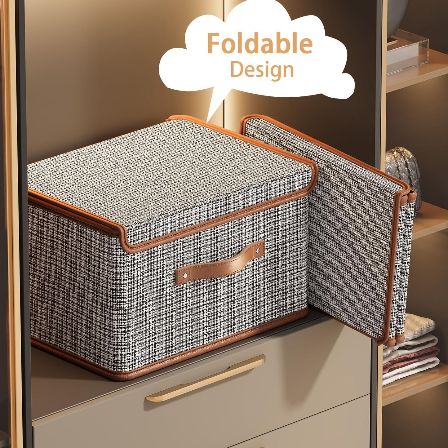 Tuza 2 Pack Storage Bins with Lids, Collapsible Closet Organizer Container, Fabric Organizer Box with Handles, Decorative Storage Boxes with Lids for Organizing Clothes, Sheet, Light Grey, Extra Large