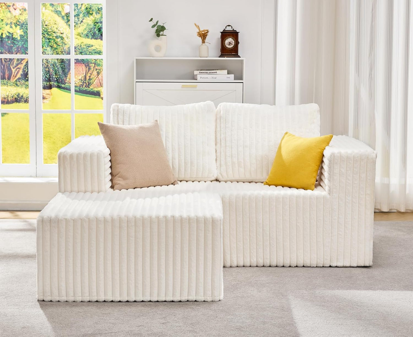Hobestluk Modular Sectional Sofa Memory Foam Couch L Shape Sofa for Living Room Loveseat with Chaise Lounge Cloud Couch with Removable Cover (Stripe White, Loveseat with Chaise)