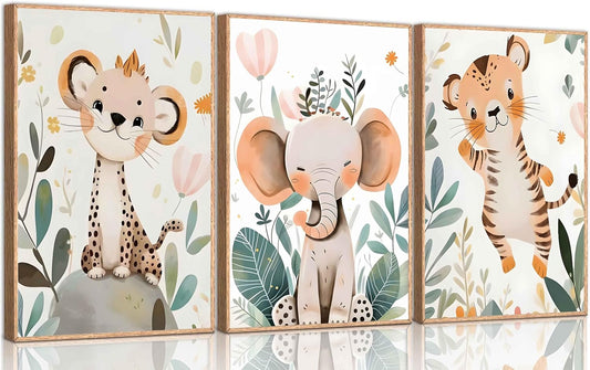 3 Pcs Safari Animals Nursery Canvas Wall Art Jungle Animals Cheetah Elephant Tiger Kids Room Illustration Pictures Wall Decor Posters Print Artwork for Classroom Boy's Girl's Room Bedroom