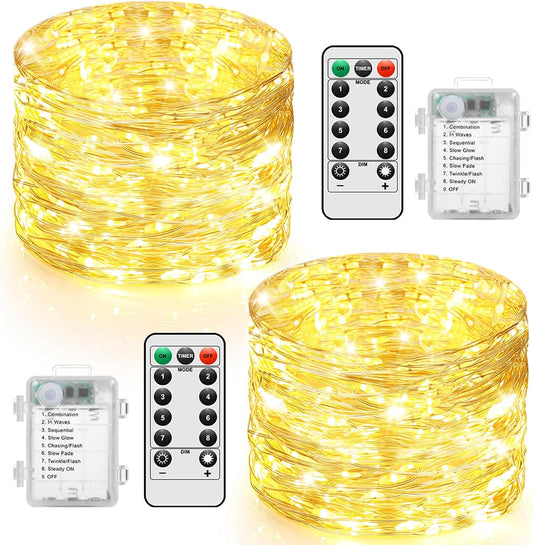 2 Pack 100 LED Fairy Lights Battery Operated with Remote, 33FT Waterproof Twinkle Lights with 8 Modes & Timer, String Lights for Bedroom DIY Wedding Indoor Outdoor Christmas Decorations, Warm White