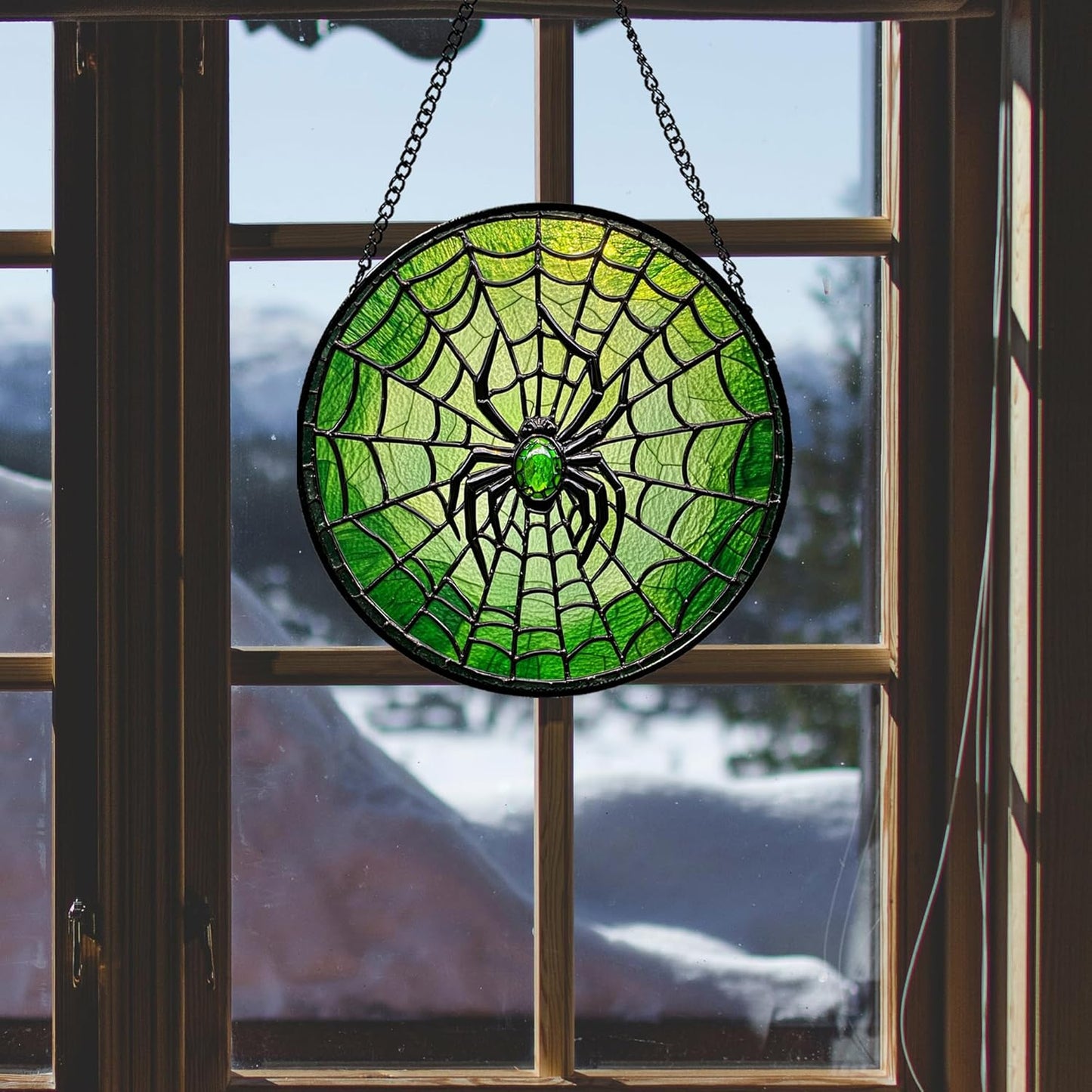 Stained Glass Window Hanging - Black Green Horror Spider Web Suncatcher for Doors Garden Patio Sun Catchers Decor Christmas Halloween Birthday Gifts for Women Men Mom Nana Friend 7.8 in