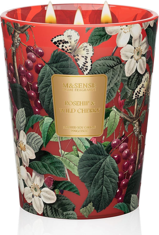 M&SENSE Wild Cherry Scented Candle 3 Wick, 35oz 150H Long Lasting, Soy Candles Stress Relief Romantic Gifts for Women Home Decor