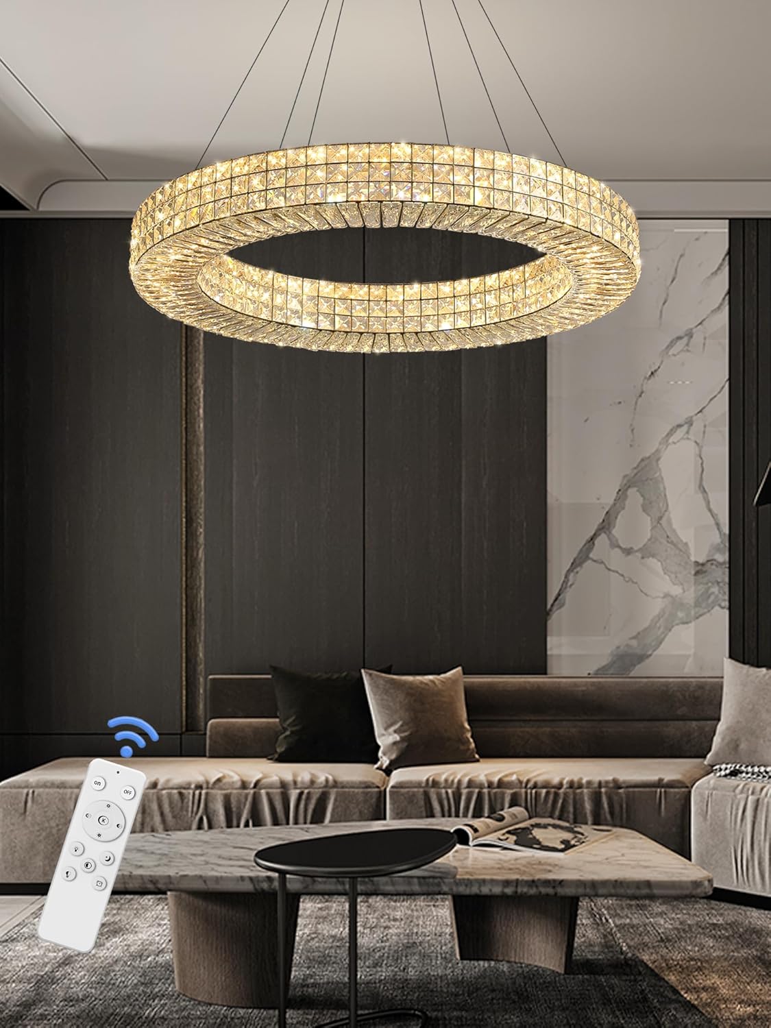 Dia 32" Ring Crystal Chandelier Modern Black Ring Chandelier Adjustable Height Luxury Crystal Pendant Ceiling Light Fixture for Dining Living Room Bedroom