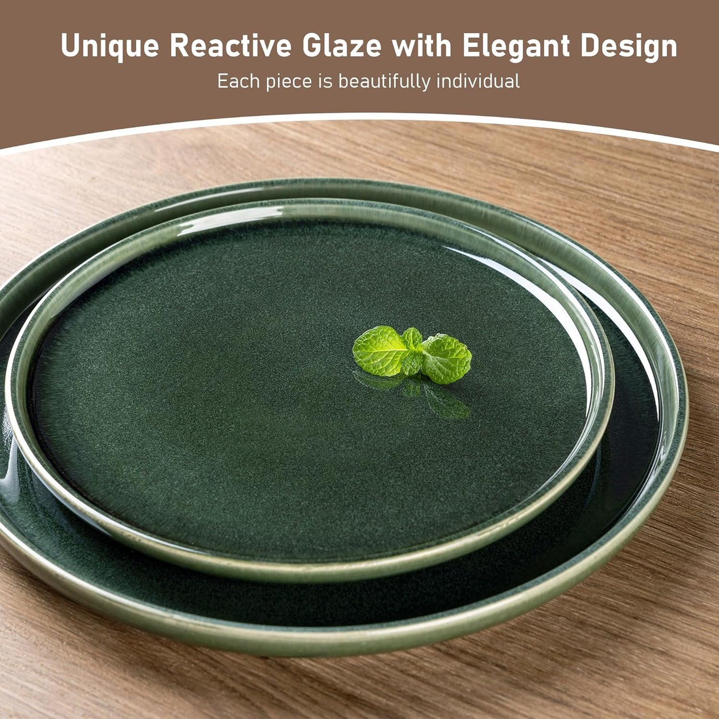 GBHOME Ceramic Dinnerware Sets for 4, 12 Pieces Stoneware Plates and Bowls Sets, Scratch Resistant Dishes, Dishwasher & Microwave Safe, Reactive Glaze-Earth Green