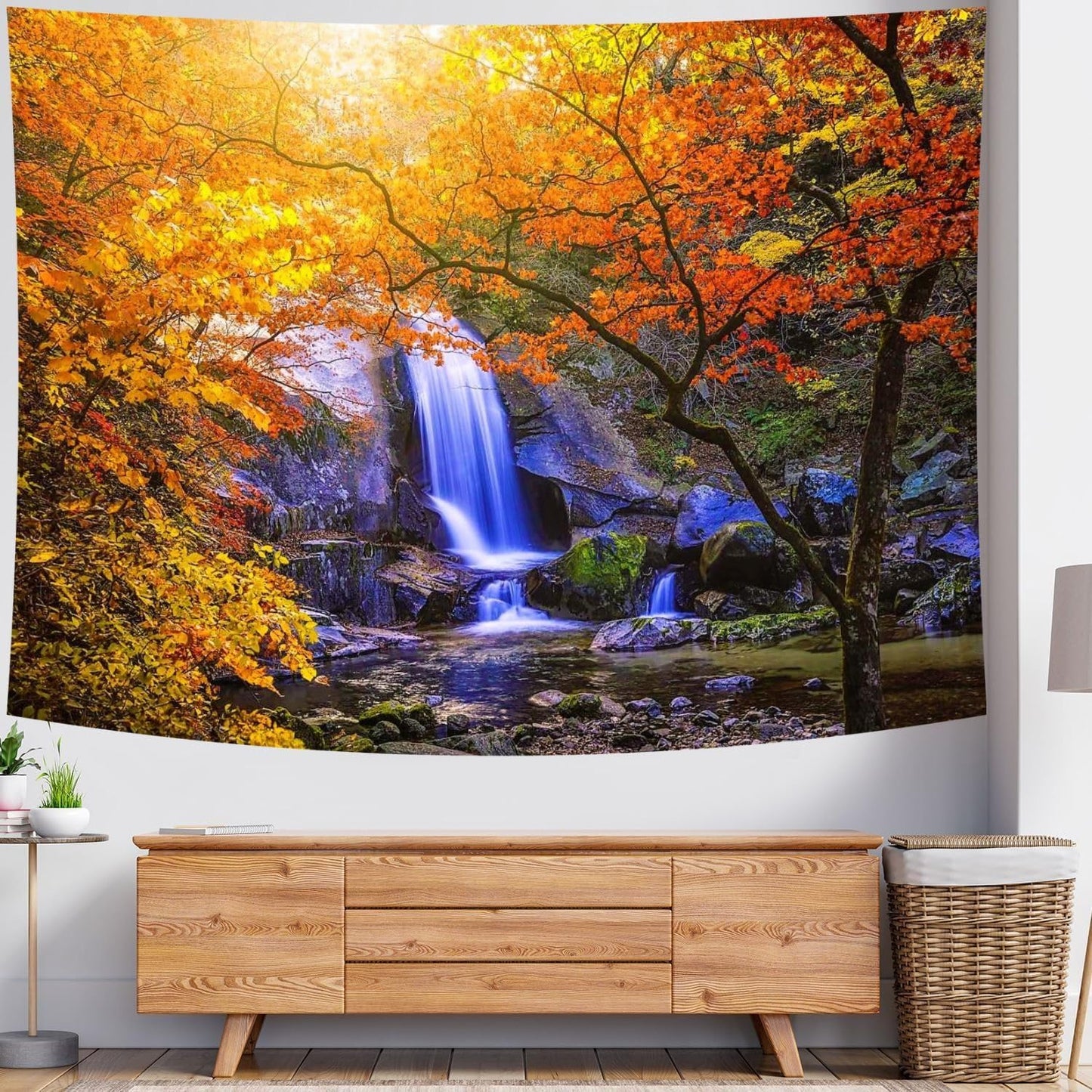 Delur Waterfall Tapestry Forest Nature Scenic Tree Mountain Sunset Tapestry Wall Hanging Natural Landscape Sunrise Headboard for Bedroom Living Room Home Decor (59.1" x 78.7")
