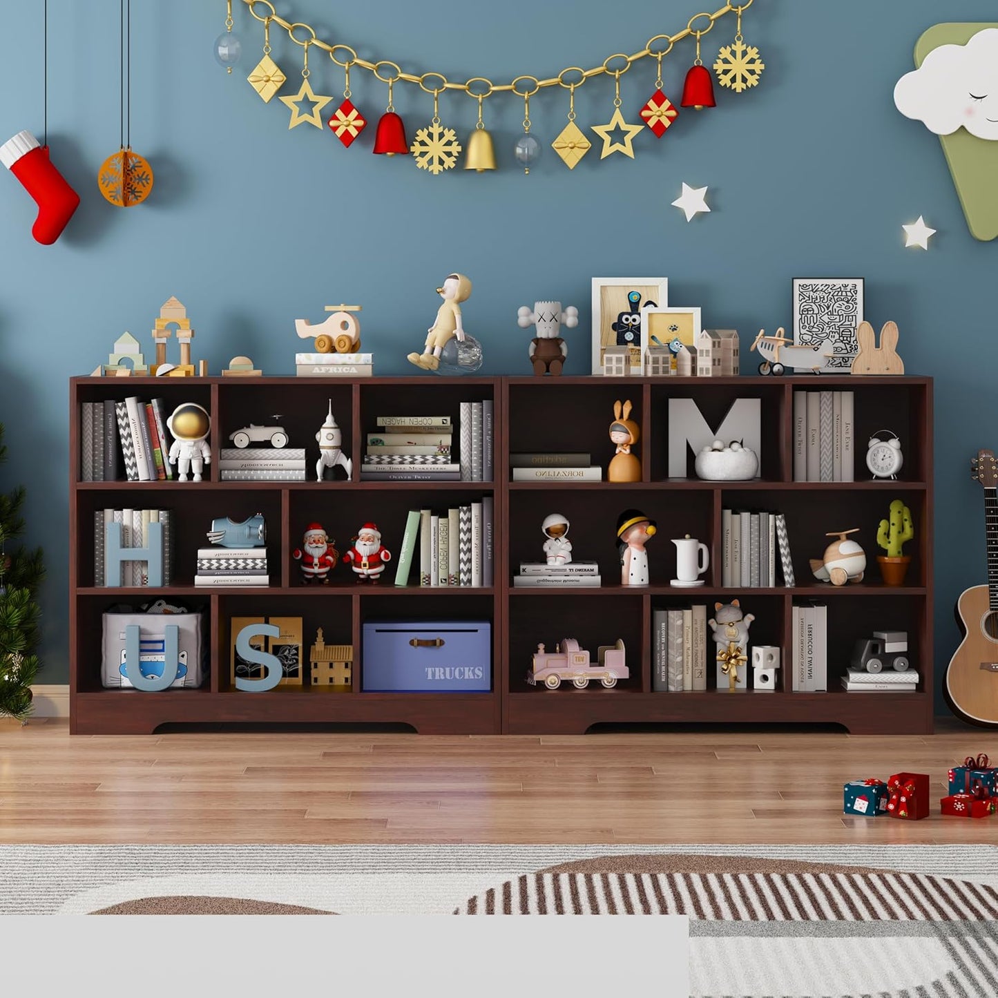 Book Shelf Set of 2, 8 Cubes Storage Organizer, 3-Tier Open Bookshelf Wooden Bookcase, Freestanding Cherry Bookshelf Cube Shelf for Living Room