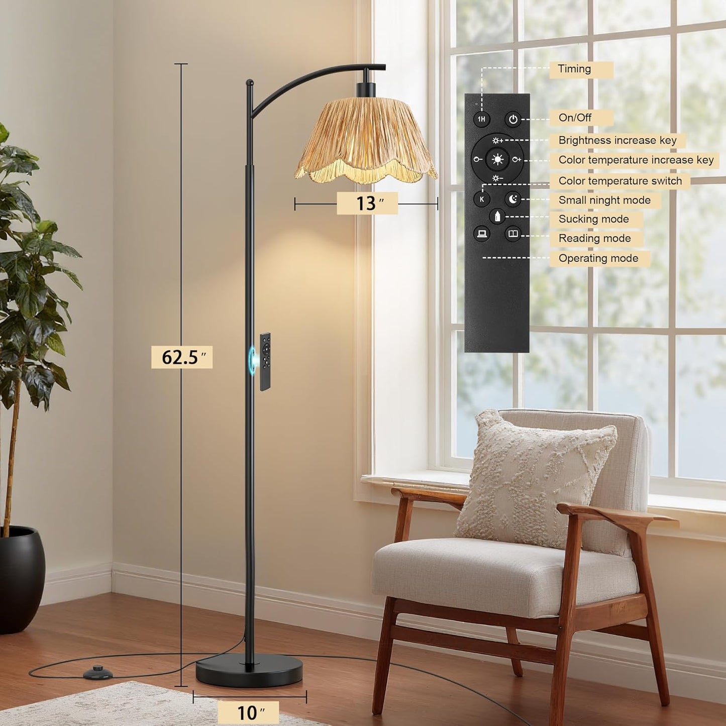 Oneach Arc Floor Lamp for Living Room with 3 Color Temperatures, Rattan Boho Floor Lamp with Hand-Woven Wicker Shade,Farmhouse Floor Lamps with Remote & Dimmable Bulb, Suitable for Bedroom（Black）