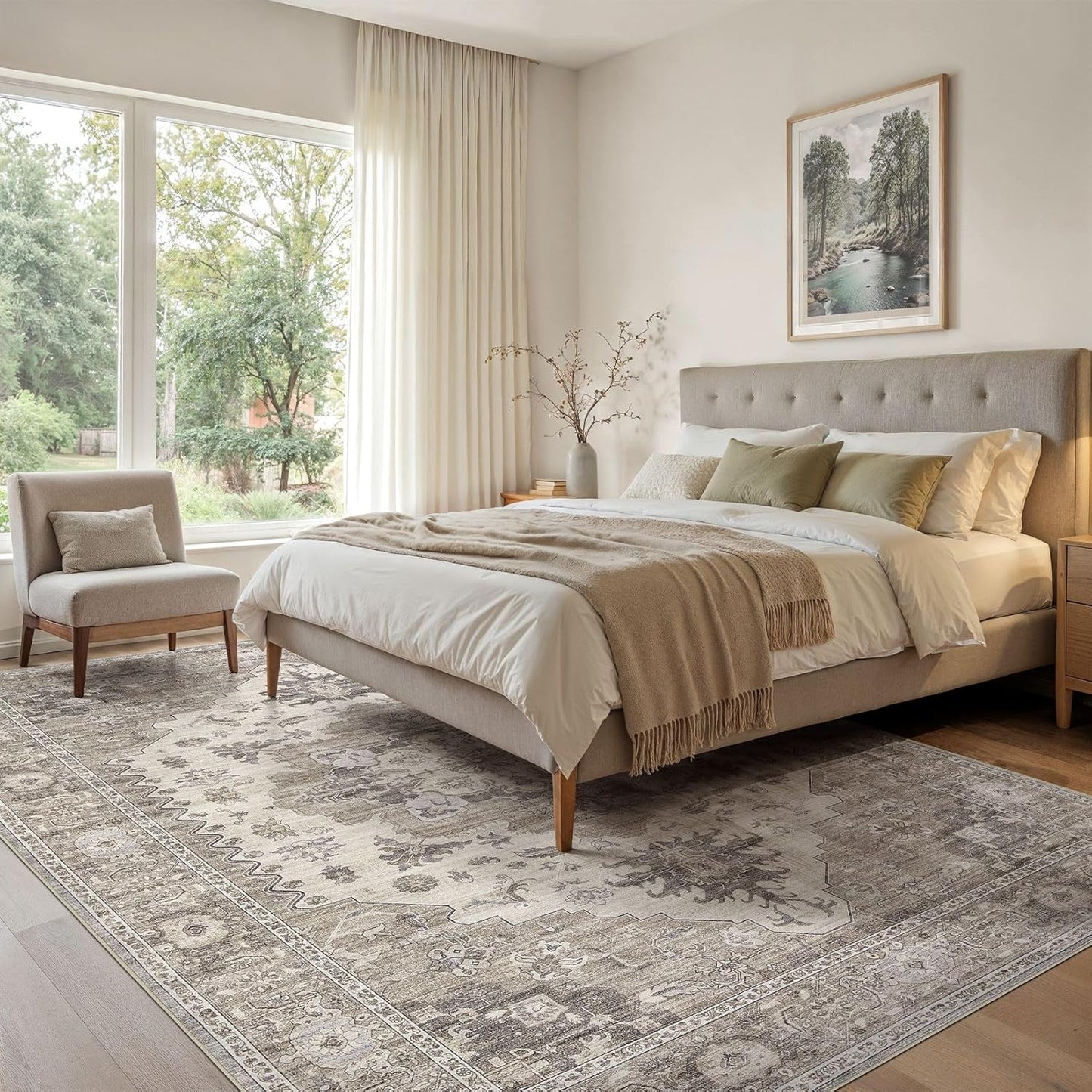 Washable Area Rugs for Living Room -8x10 Neutral Vintage Distressed Floral Farmhouse Boho Large Soft Floor Rug Indoor Non Slip Carpet for Living Room Bedroom Dining Room Office-Brown/Beige