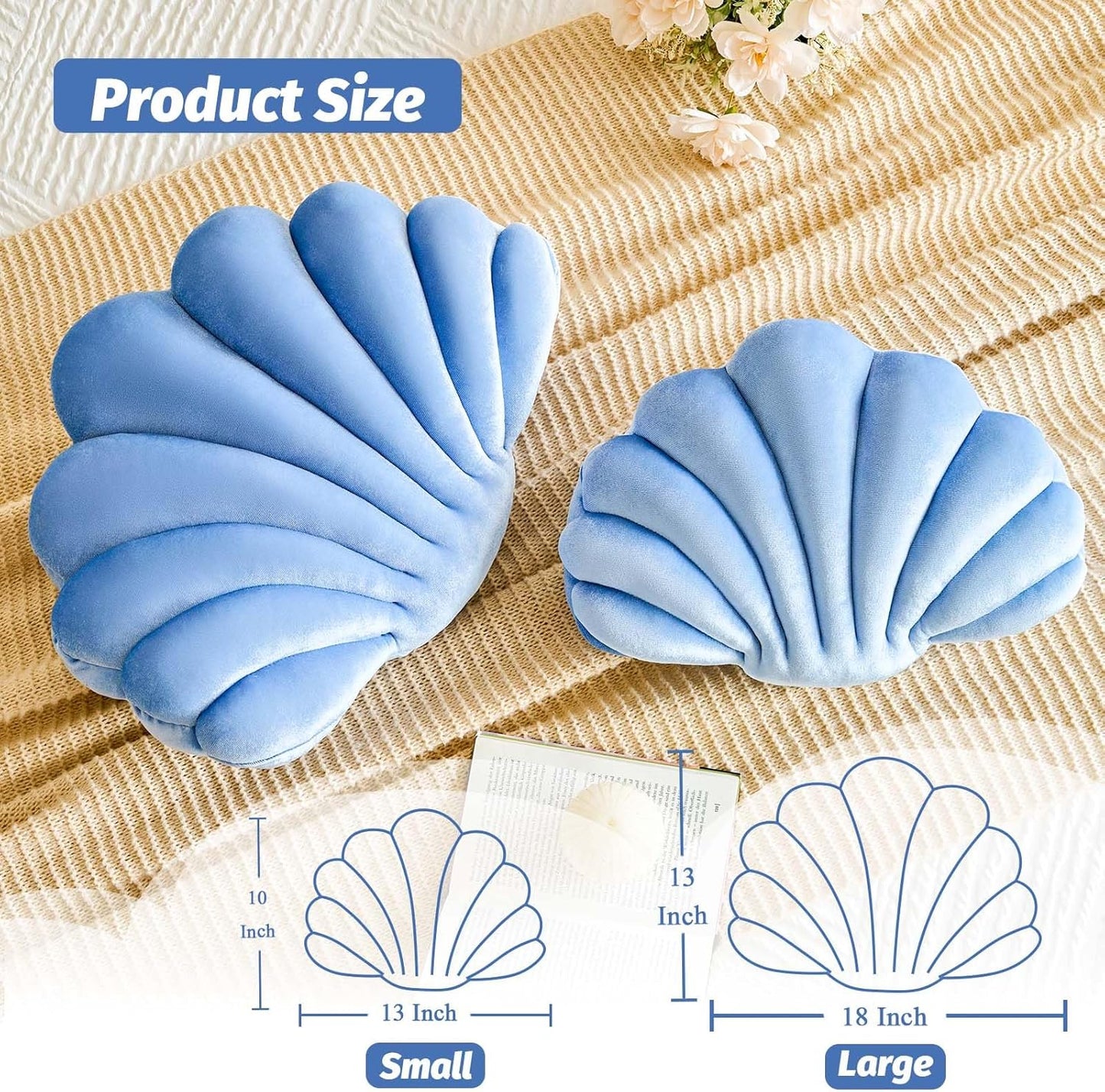 Dusty Blue Seashell Throw Pillows, Shell Shaped Throw Pillows, 18 Inch Soft Velvet Home Decorative Pillow Plush Cushion for Bed Couch Living Sofa Room Decor Accent Throw Pillow