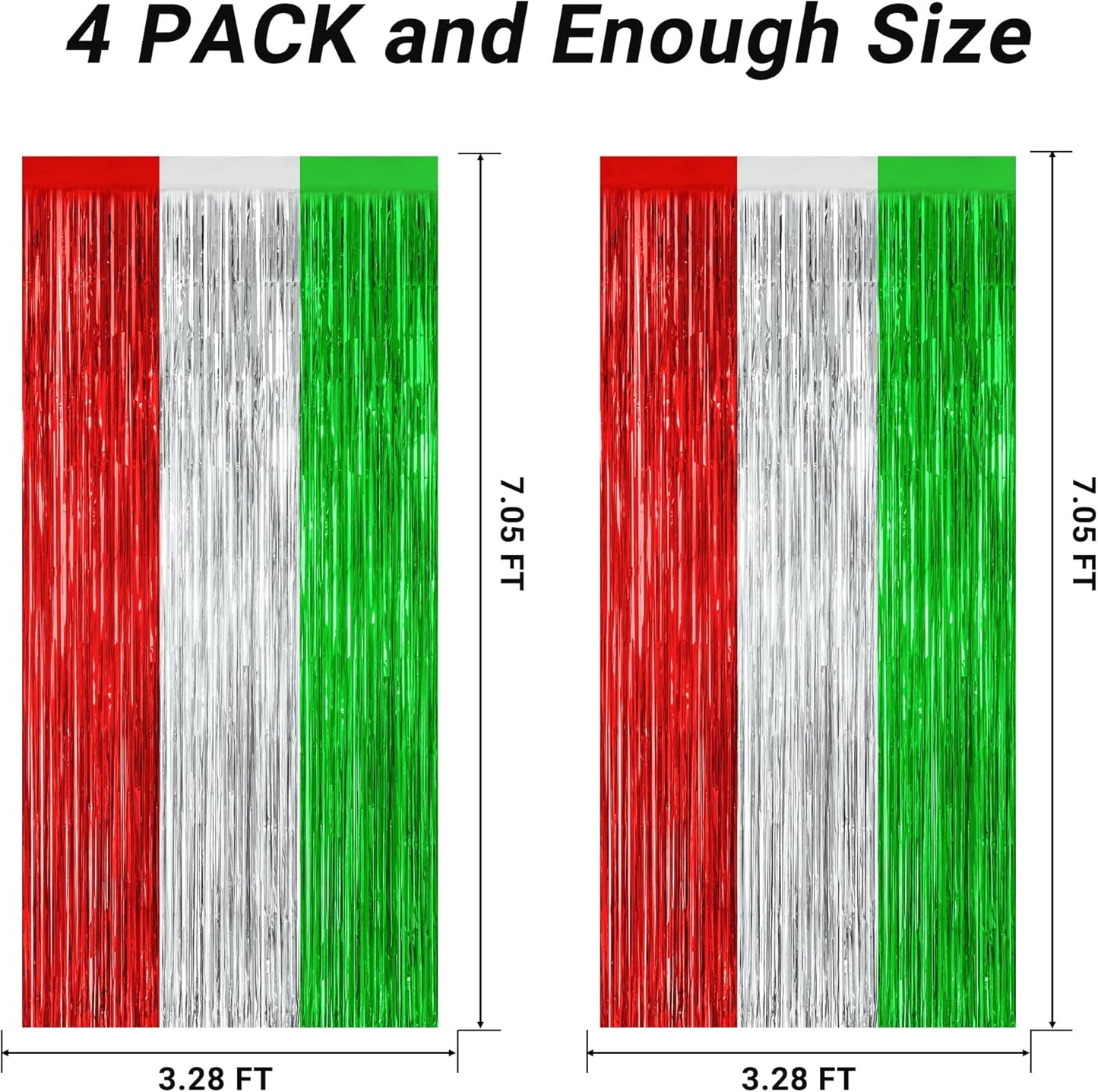 4 Pack Christmas Curtains, 3.28 FT x 7.05 FT Red Silver Green Foil Backdrop, Metallic Foil Fringe Curtains Party Streamer Picture Backdrop, Christmas Door Decorations Photo Props Party Supplies