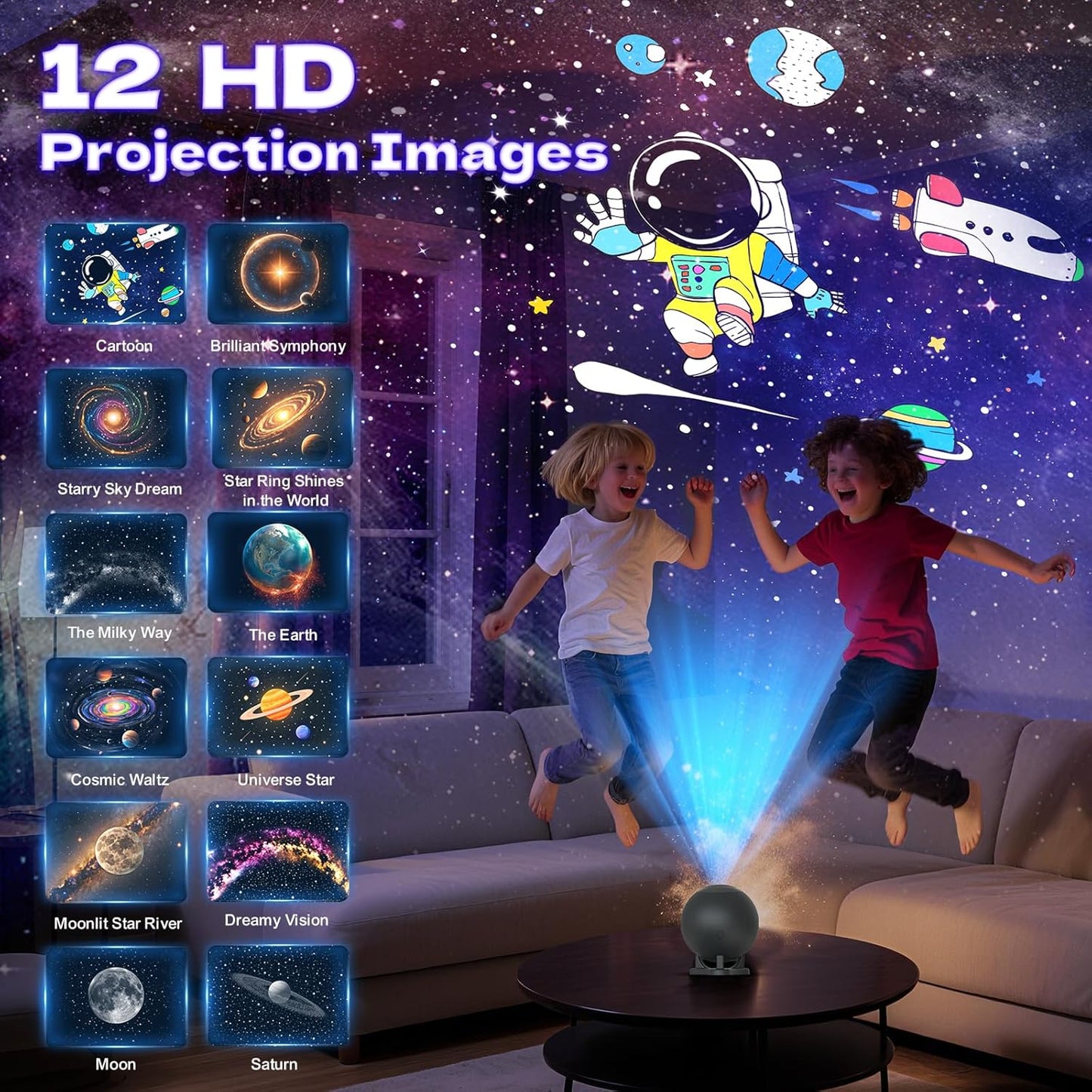 Galaxy Star Projector Night Light, 12 Film Discs, Ultra HD Projection, Whisper-Quiet, USB Powered, Auto Shut-Off