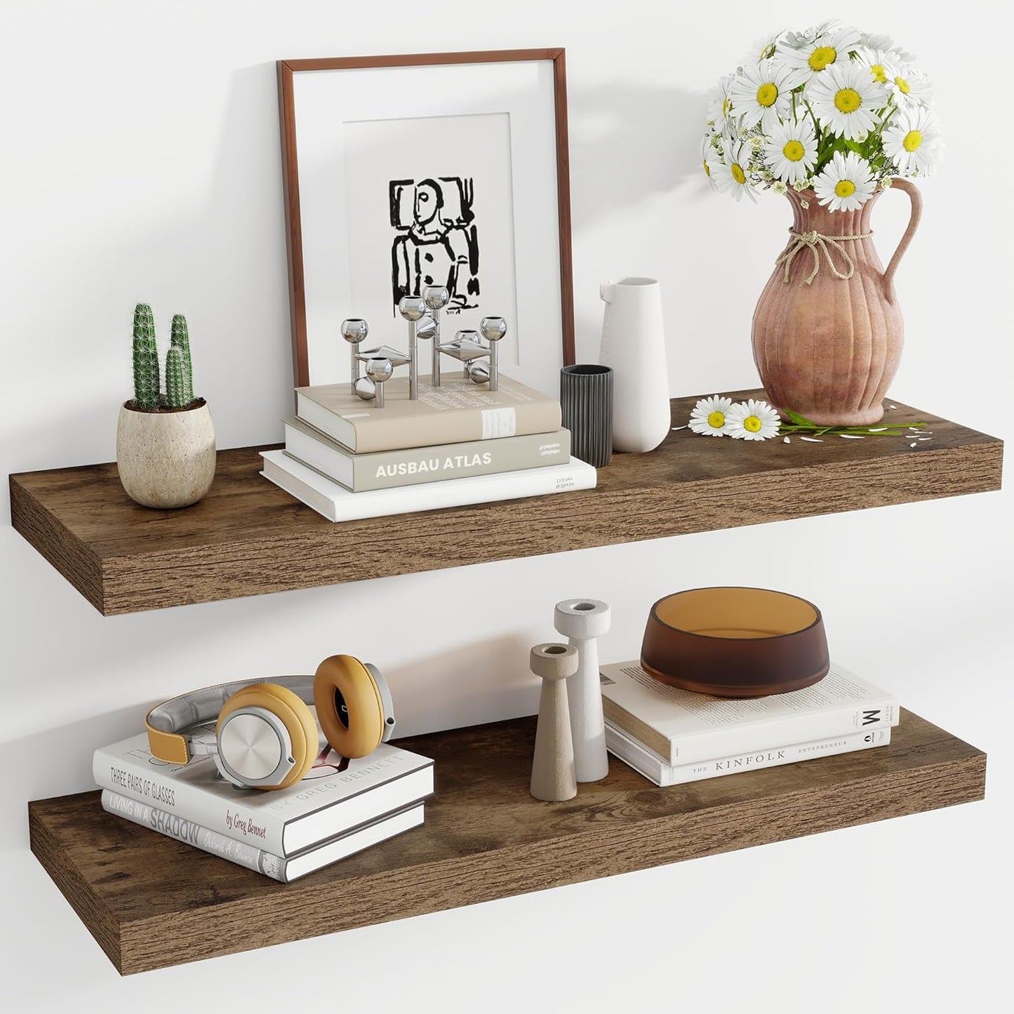 36 Inch Floating Shelves, 11.6 Inch Deep Floating Shelves for Wall, Floating Shelf with Invisible Brackets, Deep Shelves for Bathroom, Bedroom, Living Room, 2 Pack, Brown