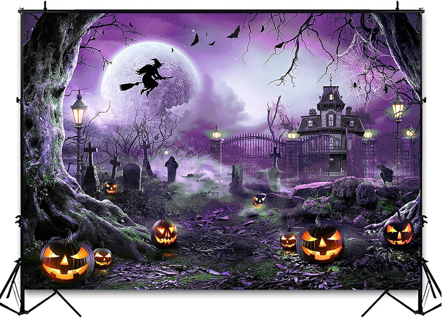 Avezano Halloween Photography Backdrop Full Moon Scary Night Castle Pumpkins Party Background Spooky Witch Bats Cemetery Child Kids Halloween Party Decorations Photoshoot Backdrops (7x5ft, Purple)