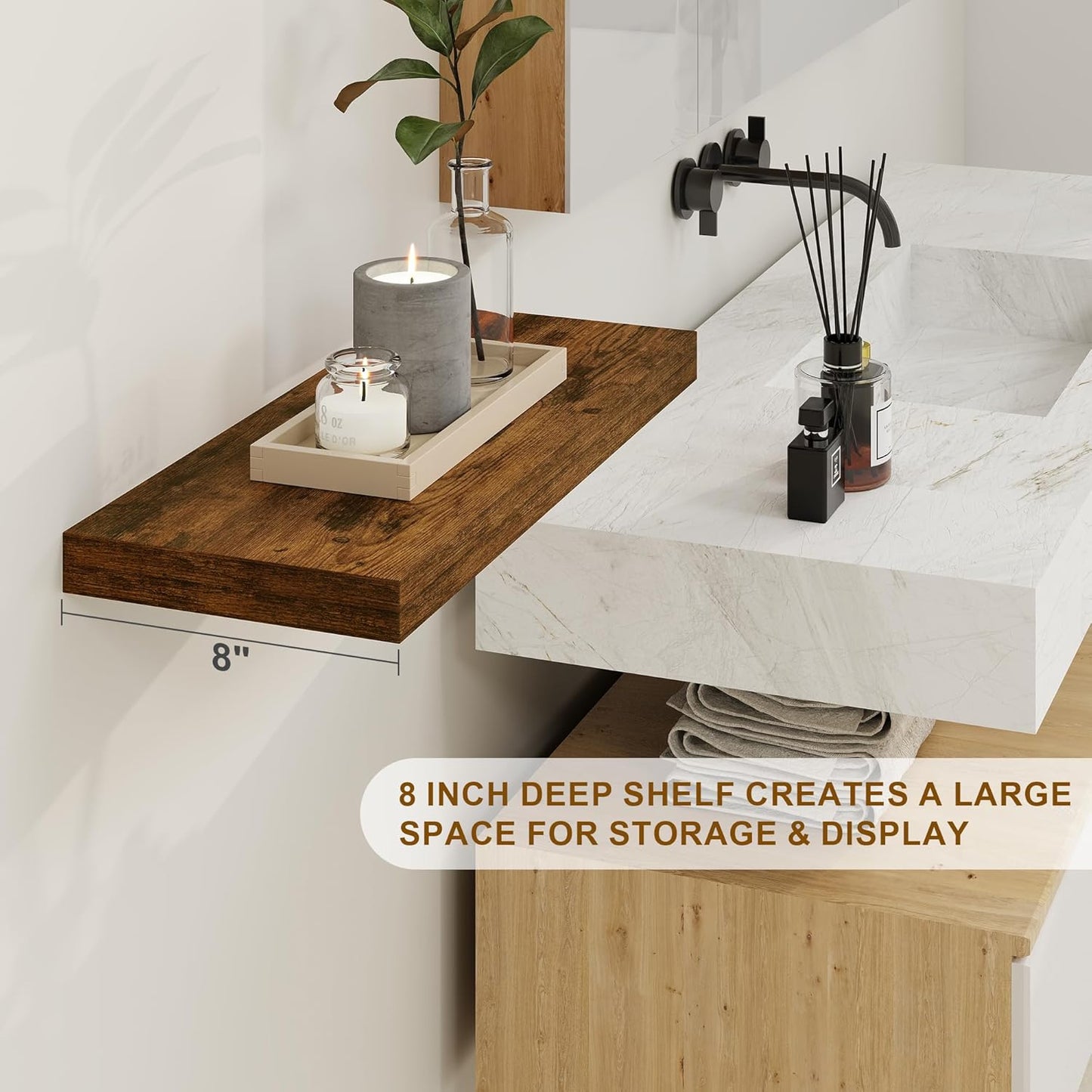 Fun Memories Floating Shelves, 8 Inch Deep Floating Shelves, Rustic Wood Fireplace Mantel 48 in Long, 48 x 8 Floating Wall Shelves for Living Room, Kitchen, Bedroom, Rustic Brown, 1 Pack