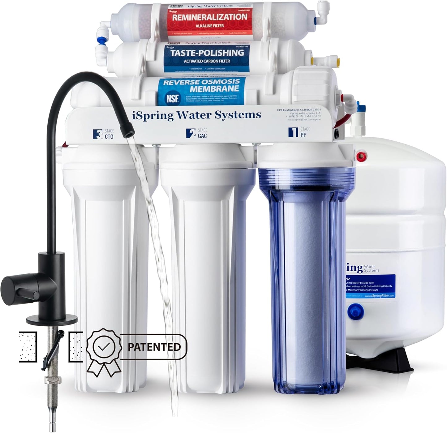 iSpring RCC7AK-BLK, NSF/ANSI 58 Certified, Alkaline 6-Stage Reverse Osmosis System with Stylish Black RO Faucet, pH+ Remineralization RO Water Filter System Under Sink