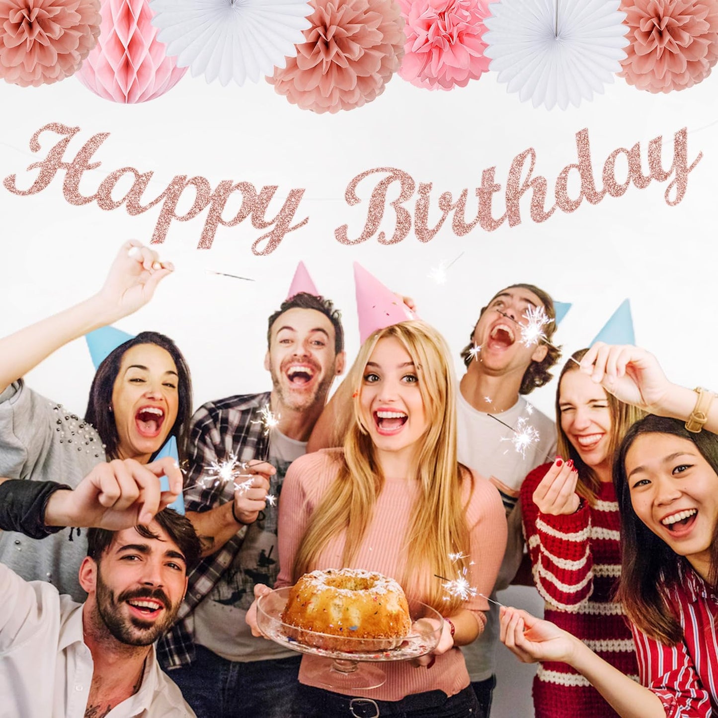 Light-Pink Rose-Gold Birthday Garland Party-Decorations - 14pcs Happy Banner Women Paper Flowers Lanterns Tissue Pom Poms,Streamers Fans Honeycomb Girls Adult Women Kids Hanging Supplies Decor Hugfond