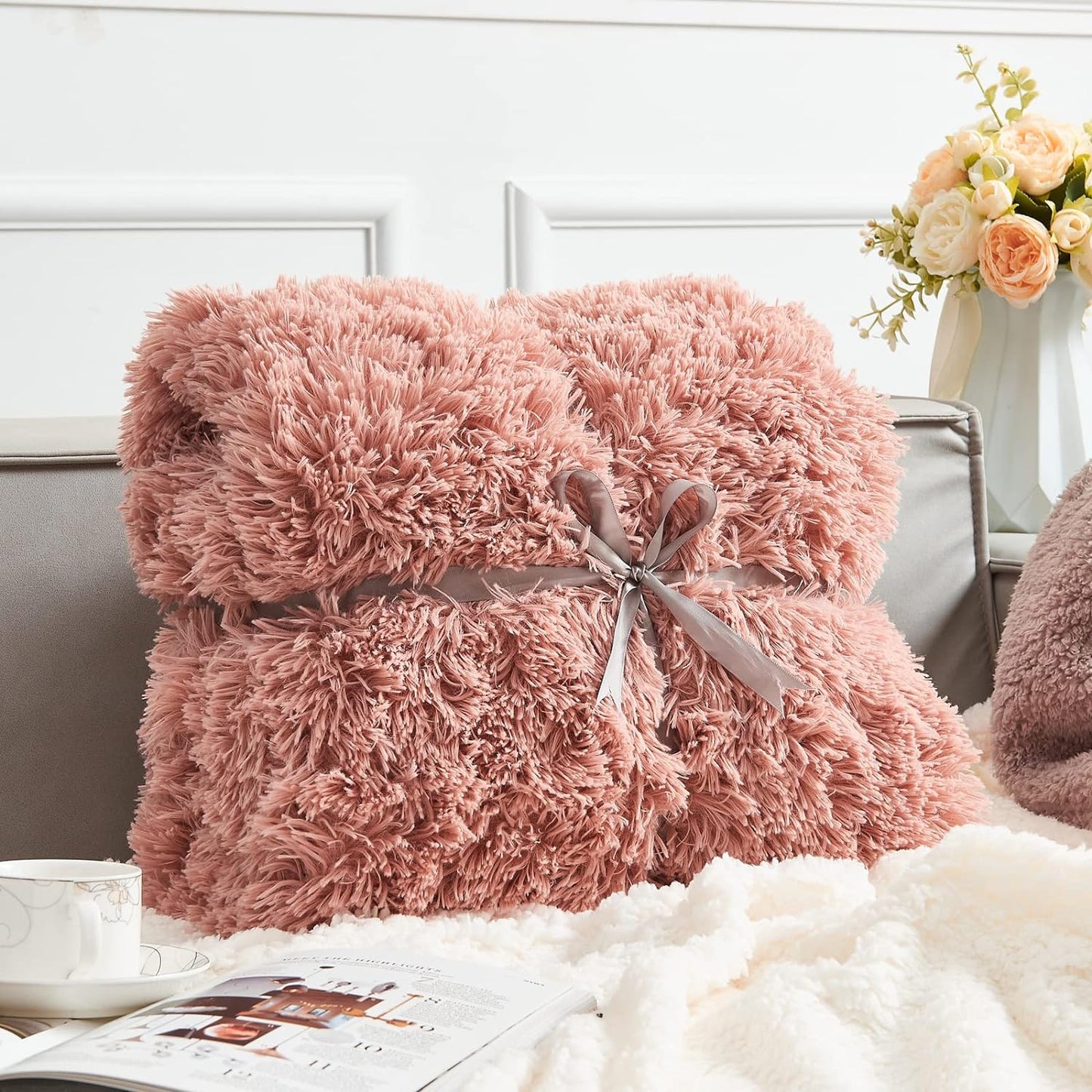 GONAAP Fuzzy Faux Fur Throw Blanket Pink Super Soft Cozy Plush Fuzzy Shaggy Blanket for Couch Sofa Bed (Pink, Throw(40"x50"))