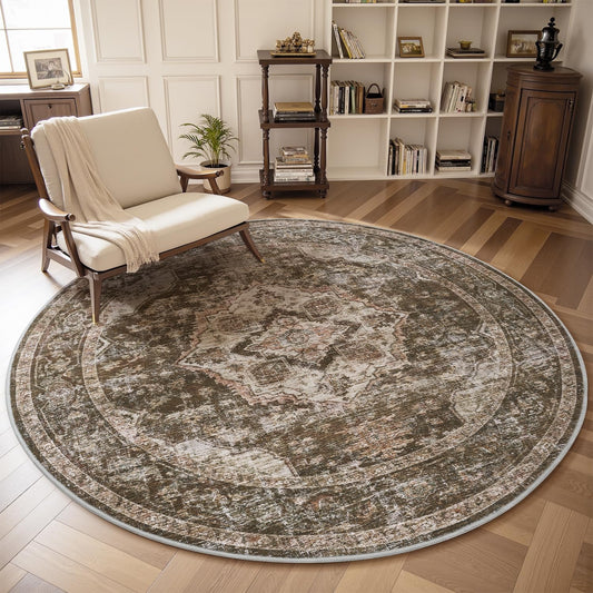 AMOAMI 6FT Round Rug - Vintage Soft Coffee & Brown Rugs for Living Room, Bedroom, Dining Room, Office - Non Slip, Machine Washable