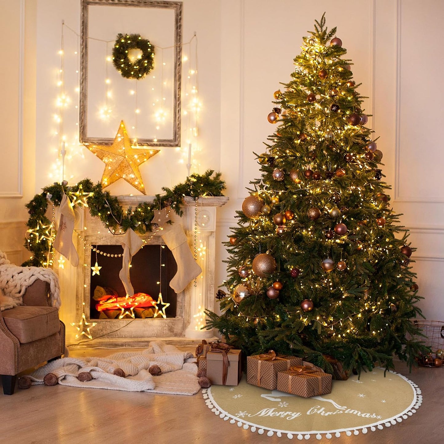 36 Inch Christmas Tree Skirt, Burlap Linen Color Christmas Rustic Tree Skirt with Elk Deer and White Snowflake Printed for Holiday Party Xmas Tree Decoration