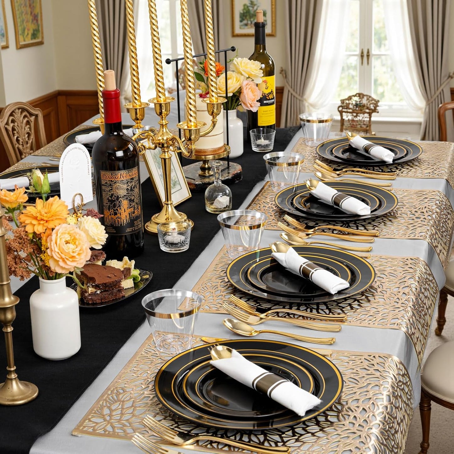 175PCS Black and Gold Plates - Black Disposable Plates for Party - 25Guests Disposable Dinnerware Set for Halloween/New Year/Wedding